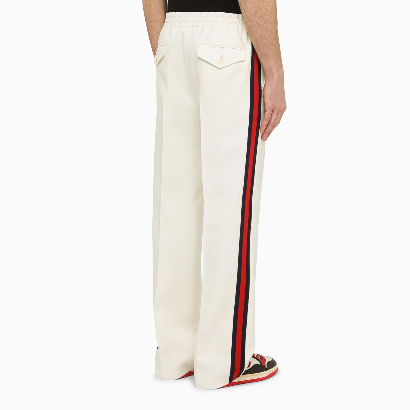 Shop Gucci White Trousers With Web Ribbon In Offwhitemix