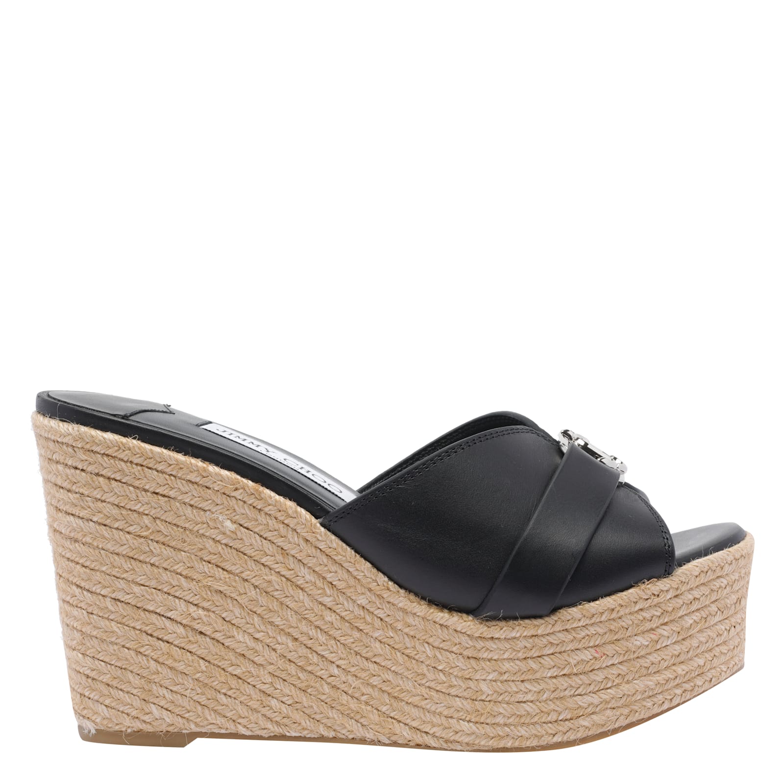 Jimmy Choo 100mm Leather Wedge Espadrille Sandals In Black