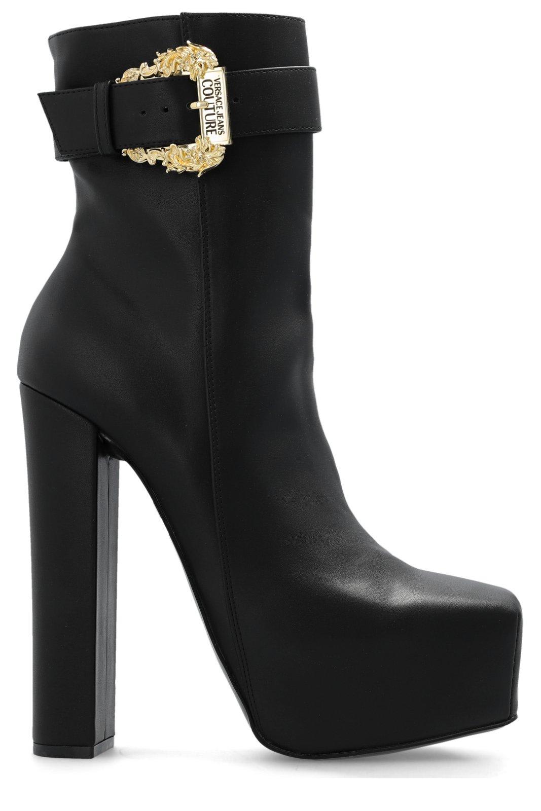 VERSACE JEANS COUTURE BAROCCO-BUCKLED SQUARE TOE HEELED BOOTS