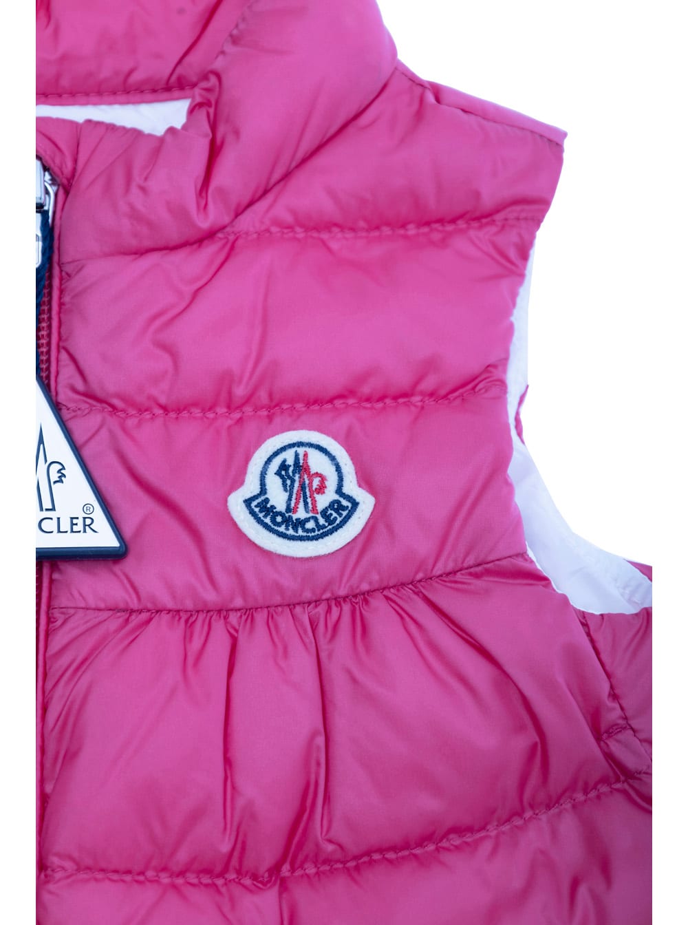 Moncler Hiva Fuchsia Sleeveless Down Jacket With Logo Patch On The Front In Tech Fabric Baby In Pink