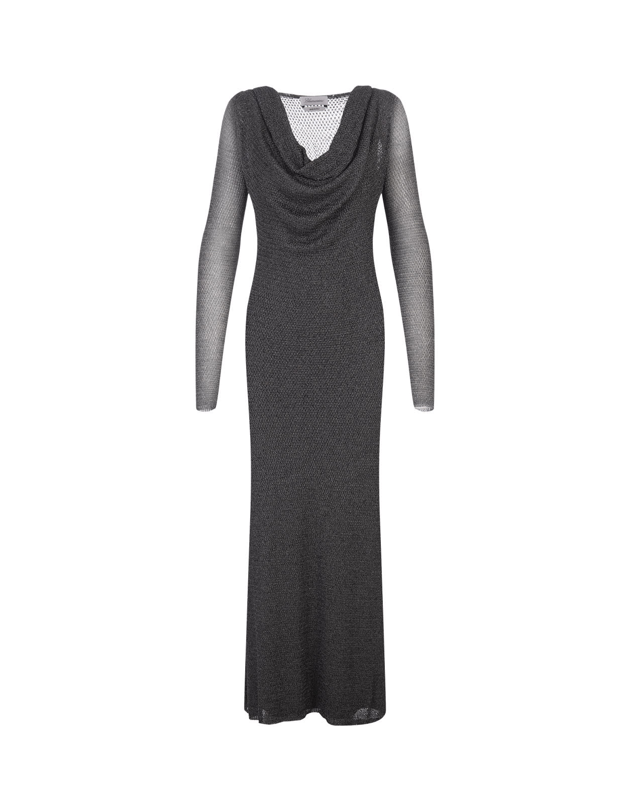 Shop Blumarine Silver Long Dress With Draped Neckline In Canna Fucile