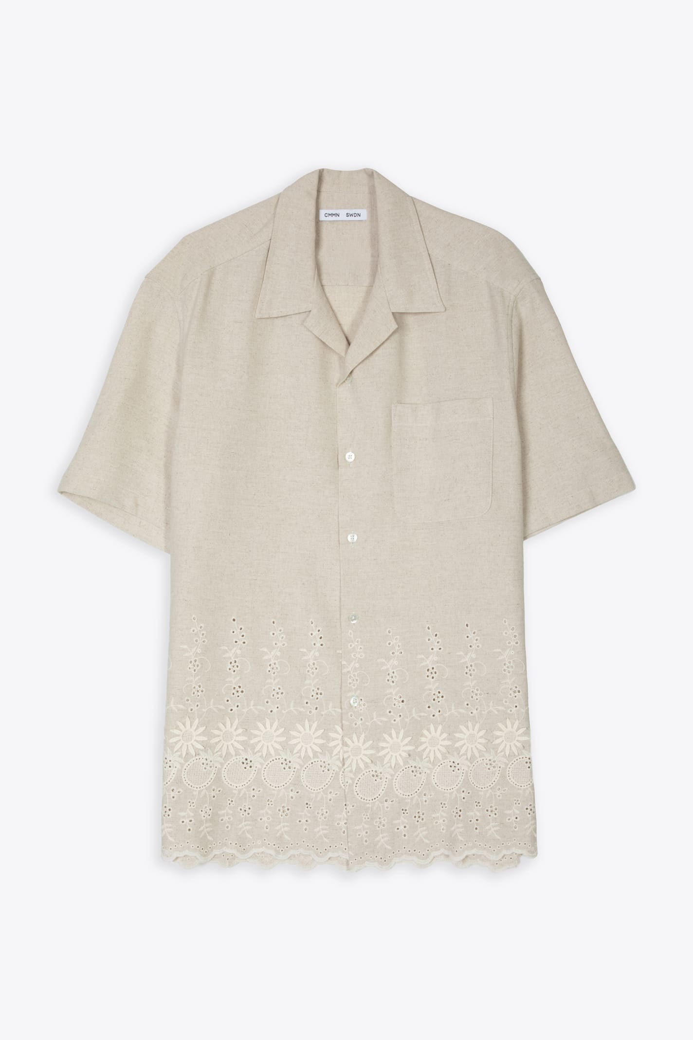 CMMN SWDN EMBROIDERED SHORT SLEEVE CAMP COLLAR SHIRT BEIGE LINEN BLEND SHIRT WITH BRODERIE ANGLAISE - TURE EMB