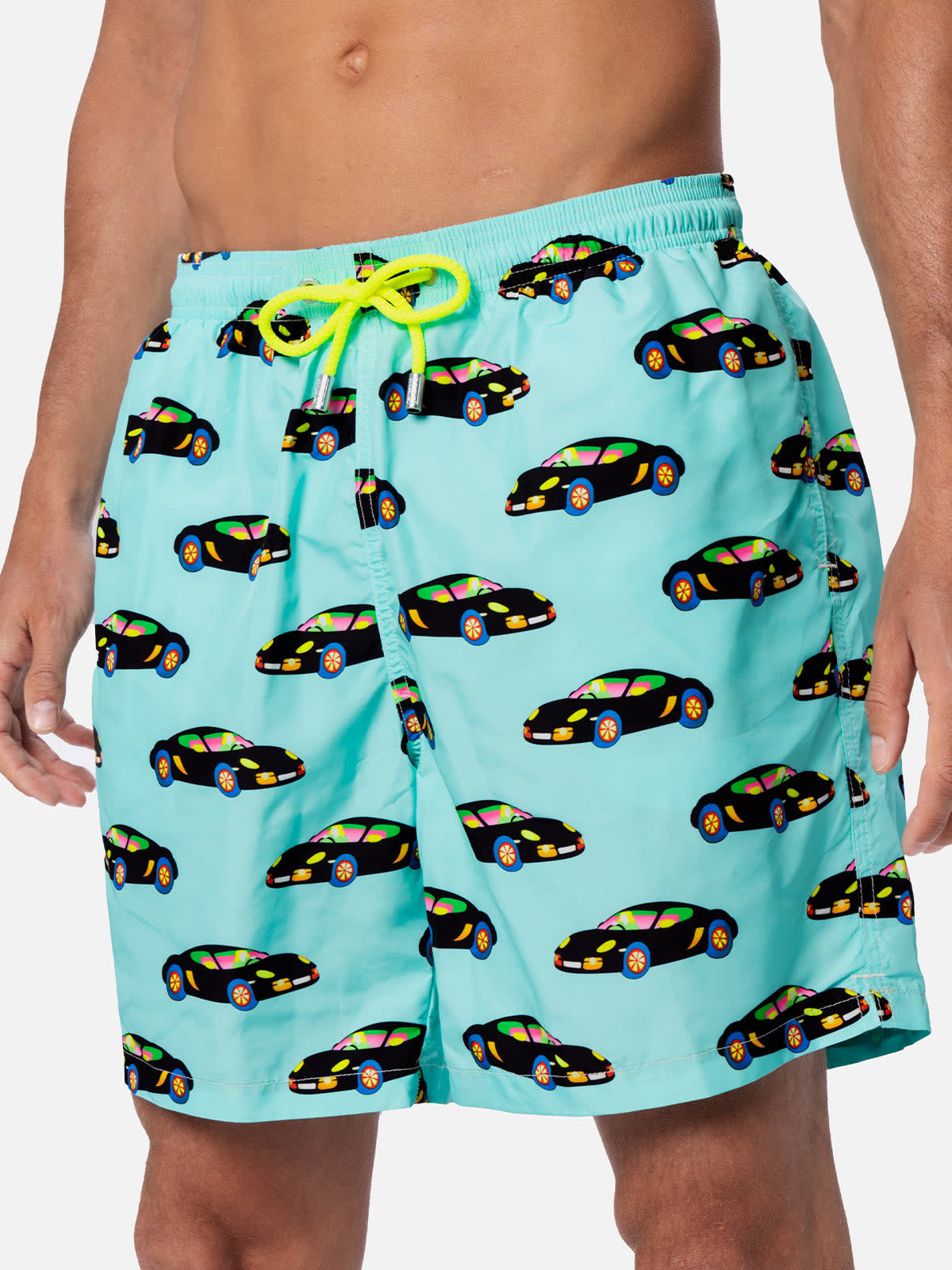 MC2 SAINT BARTH MAN LIGHTWEIGHT FABRIC SWIM-SHORTS LIGHTING WITH LODOLA CAR PRINT MARCO LODOLA SPECIAL EDITION