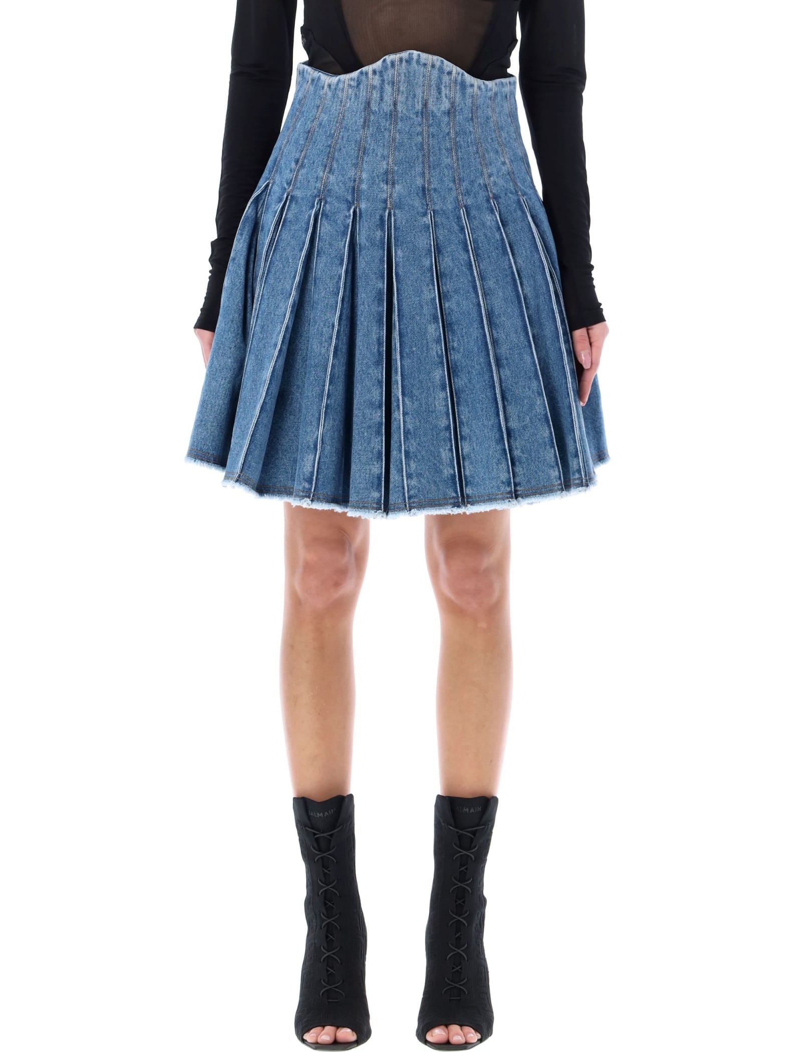Balmain Pleated Denim Mini Skirt In Bleu Jean