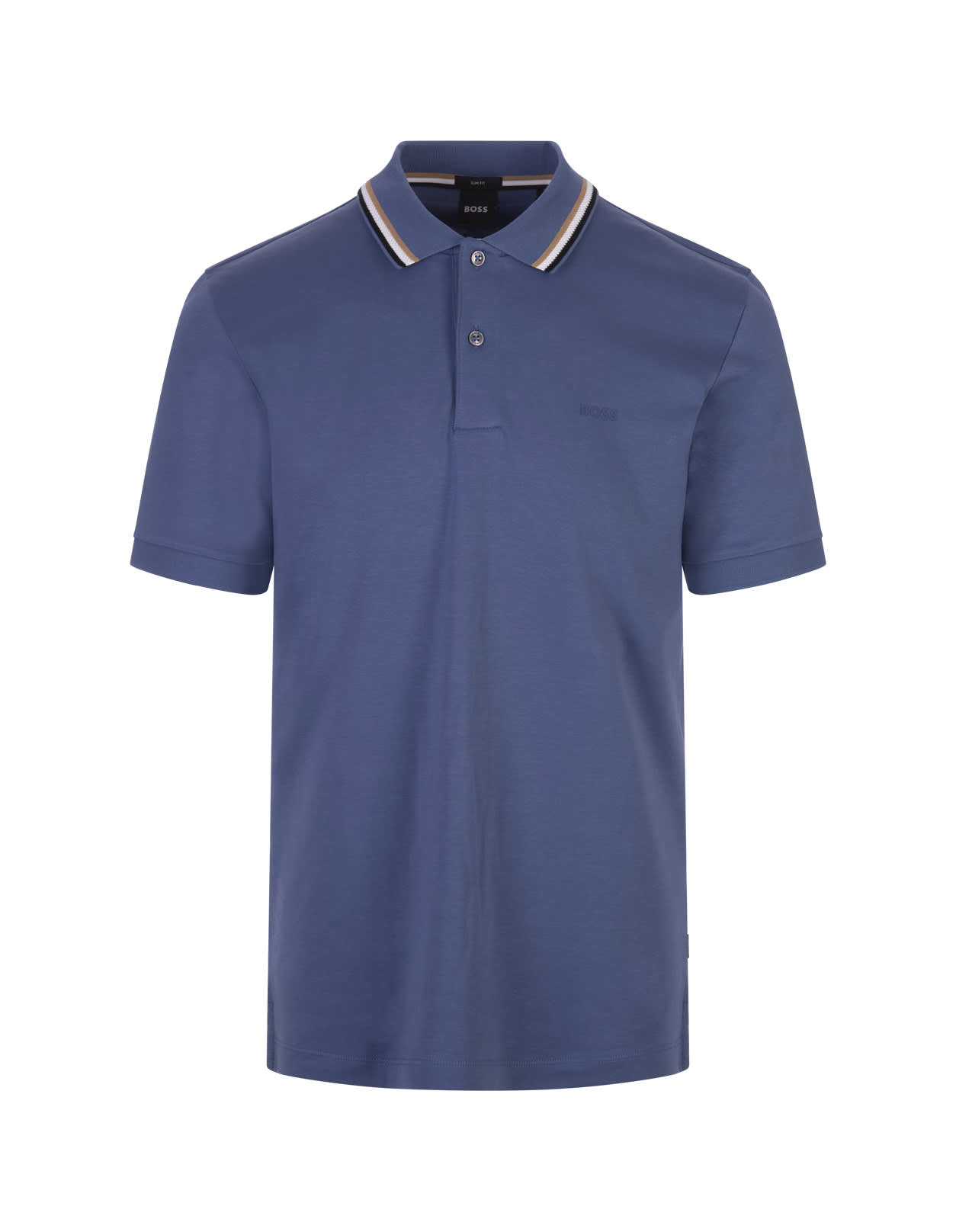 Cerulean Blue Slim Fit Polo Shirt With Striped Collar