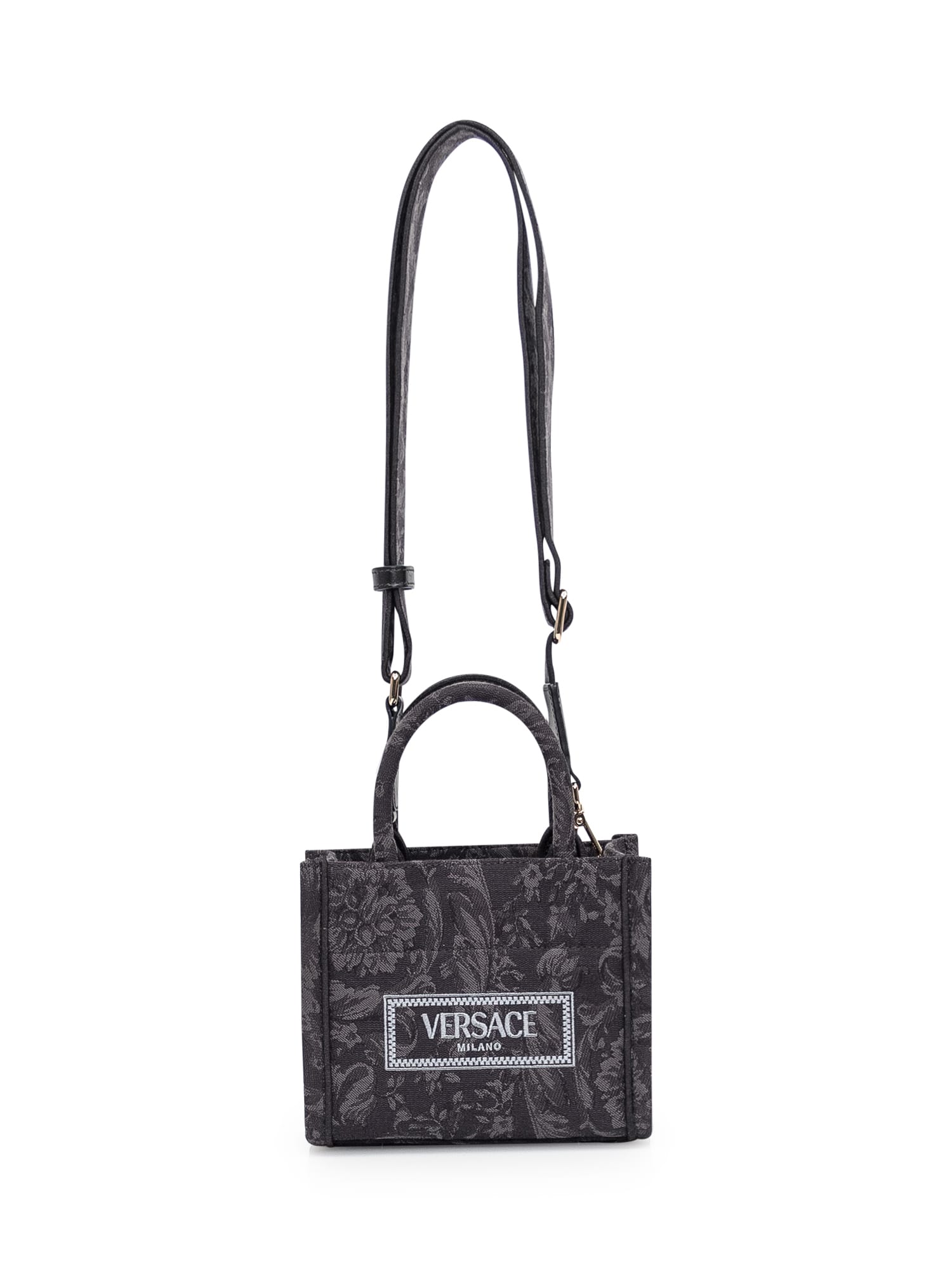 Shop Versace Extra Small Tote Athena Barocco Bag In Black- Gold