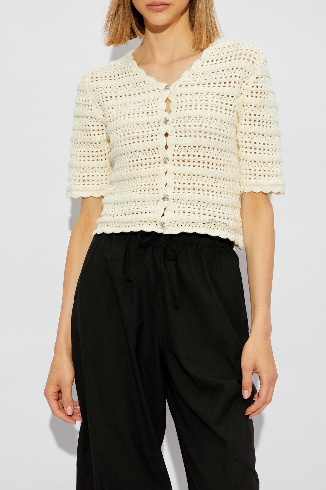 Shop Ganni Short Sleeved Cardigan In Cream