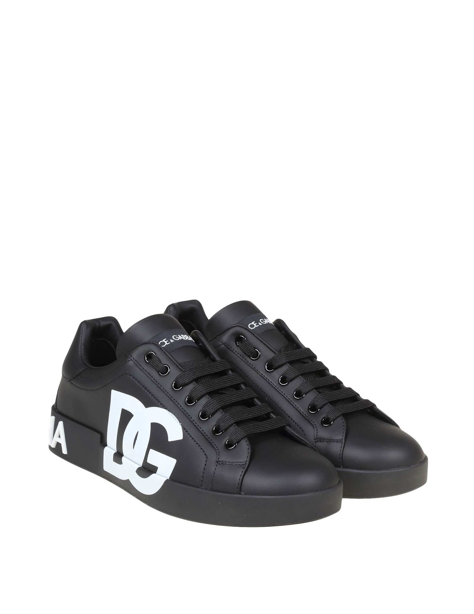 Shop Dolce & Gabbana Portofino Sneakers In Black Leather In Black /white