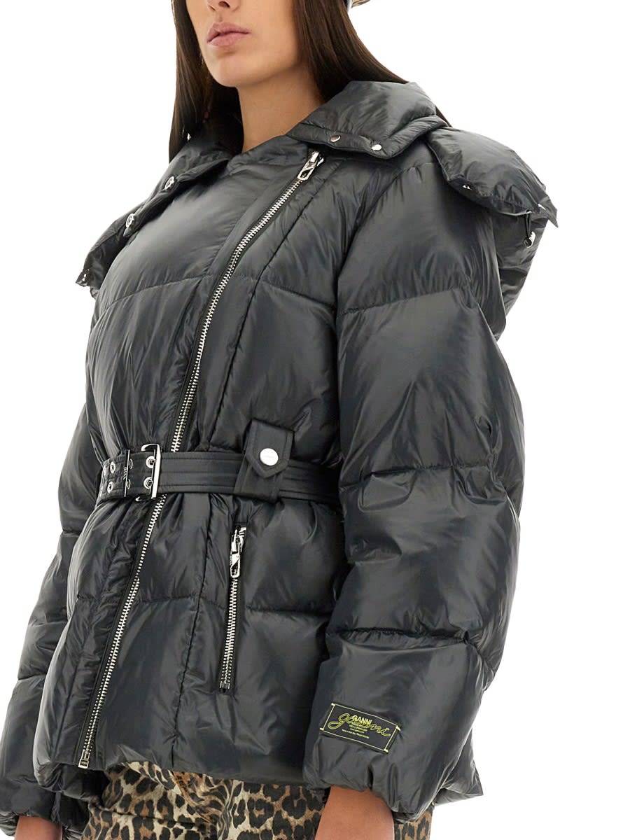 Ganni Black Shiny Nylon Puffer Jacket In Black