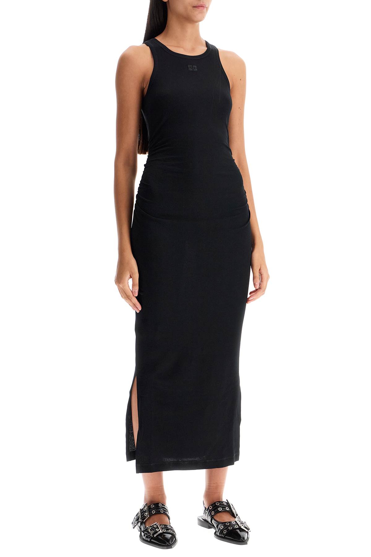 Shop Ganni Ribbed Jersey Midi Dress With Nine In Black (black)