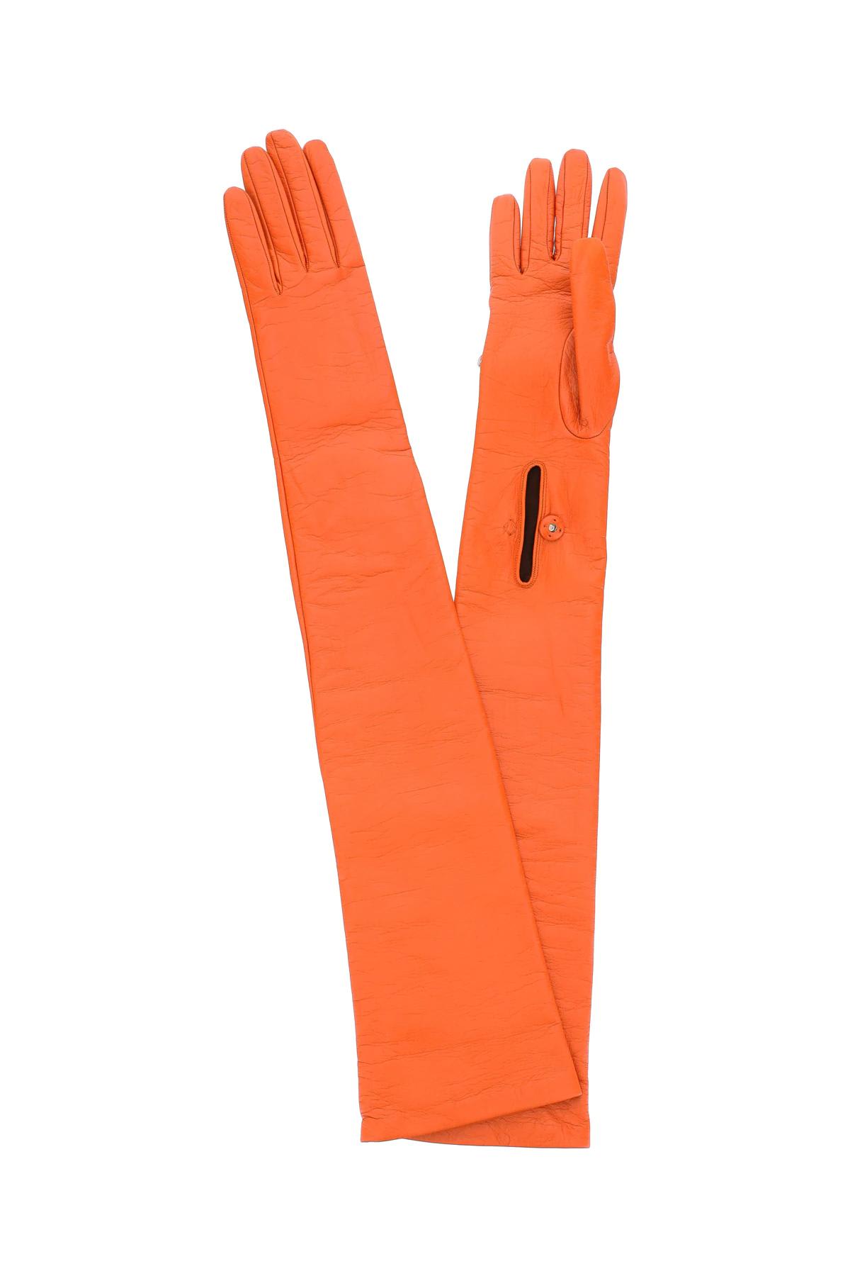 Shop Prada Leather Long Gloves With Pouch In F0049