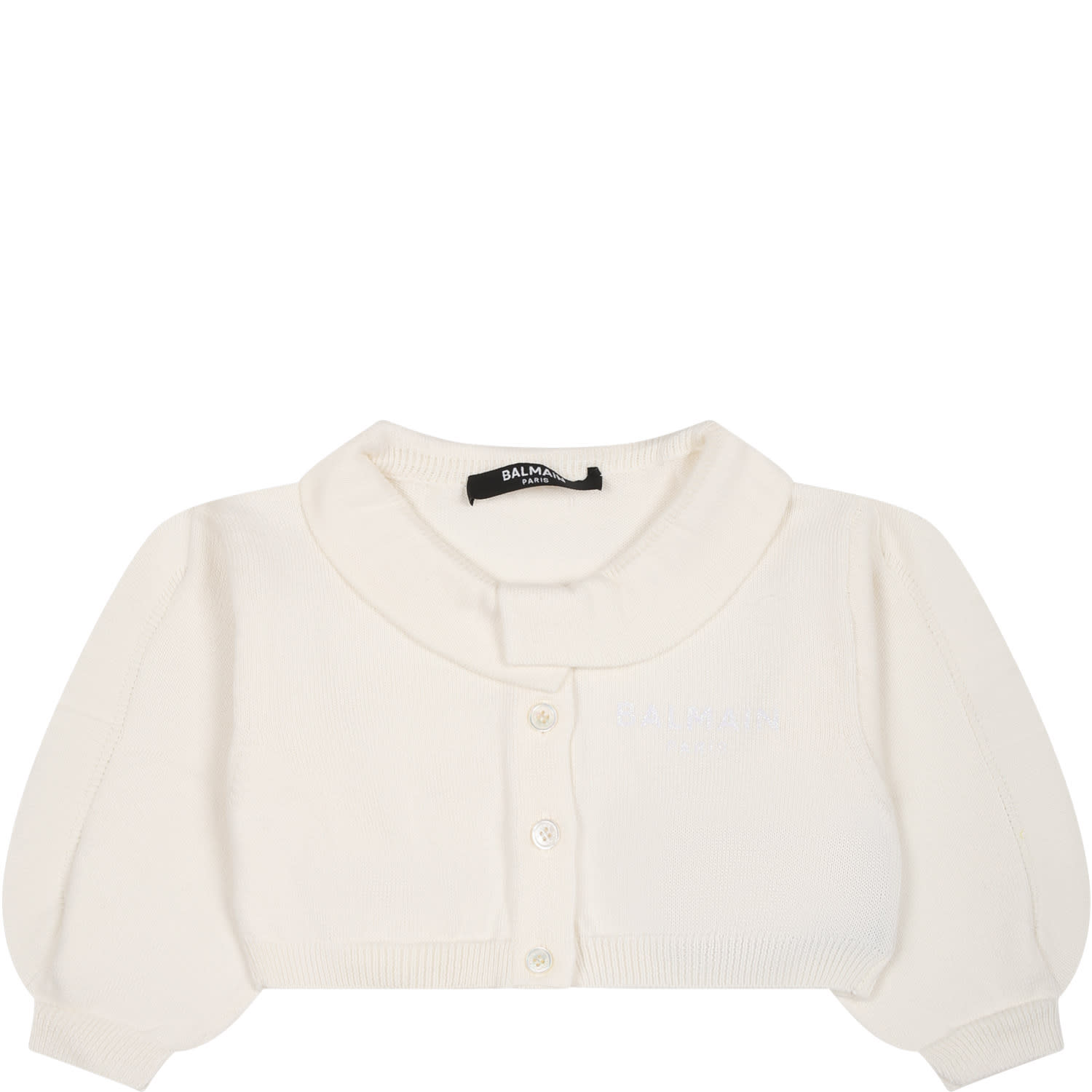 Shop Balmain Ivory Cardigan For Baby Girl With Logo
