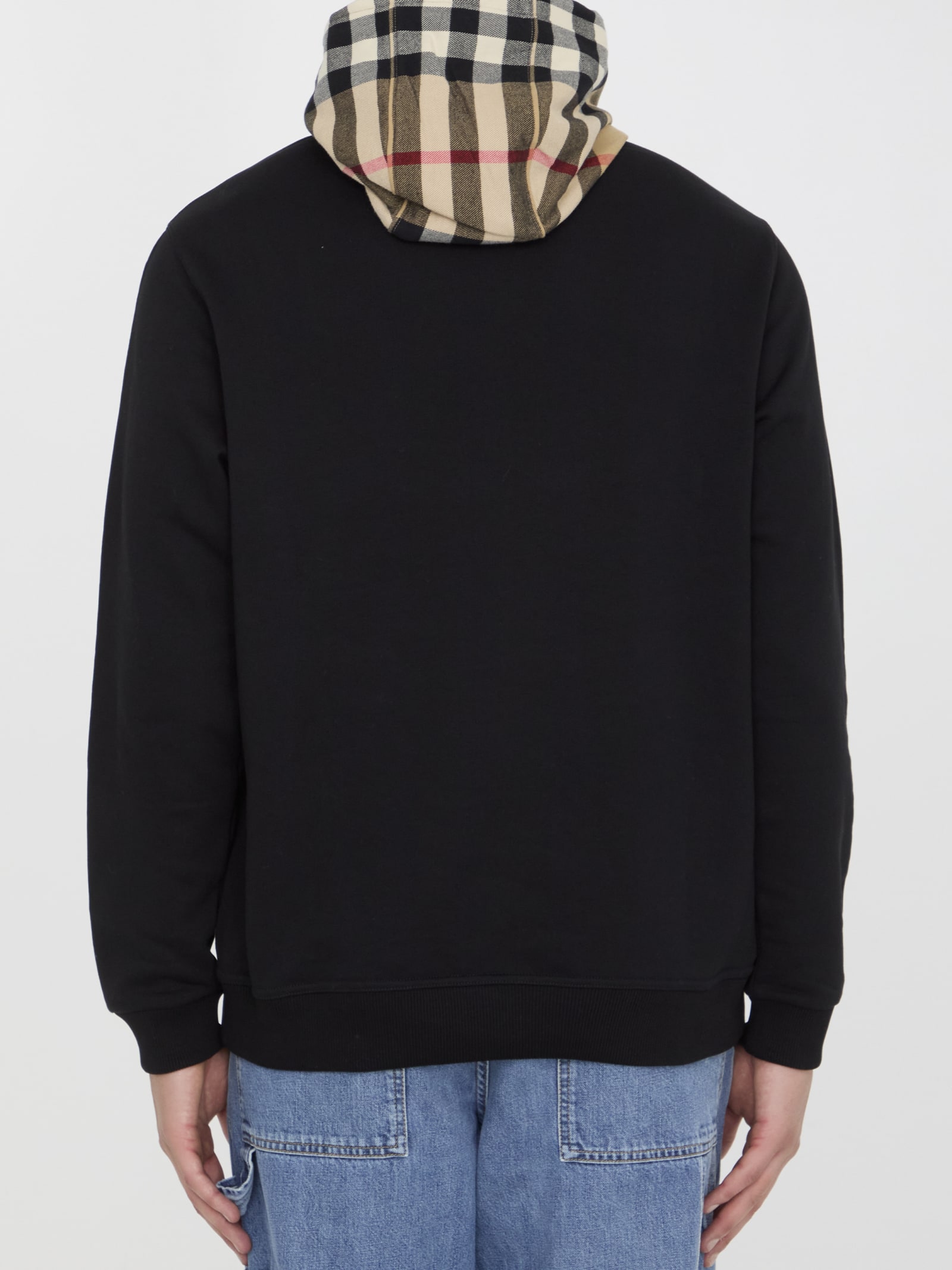 Shop Burberry Check Hood Hoodie In Black