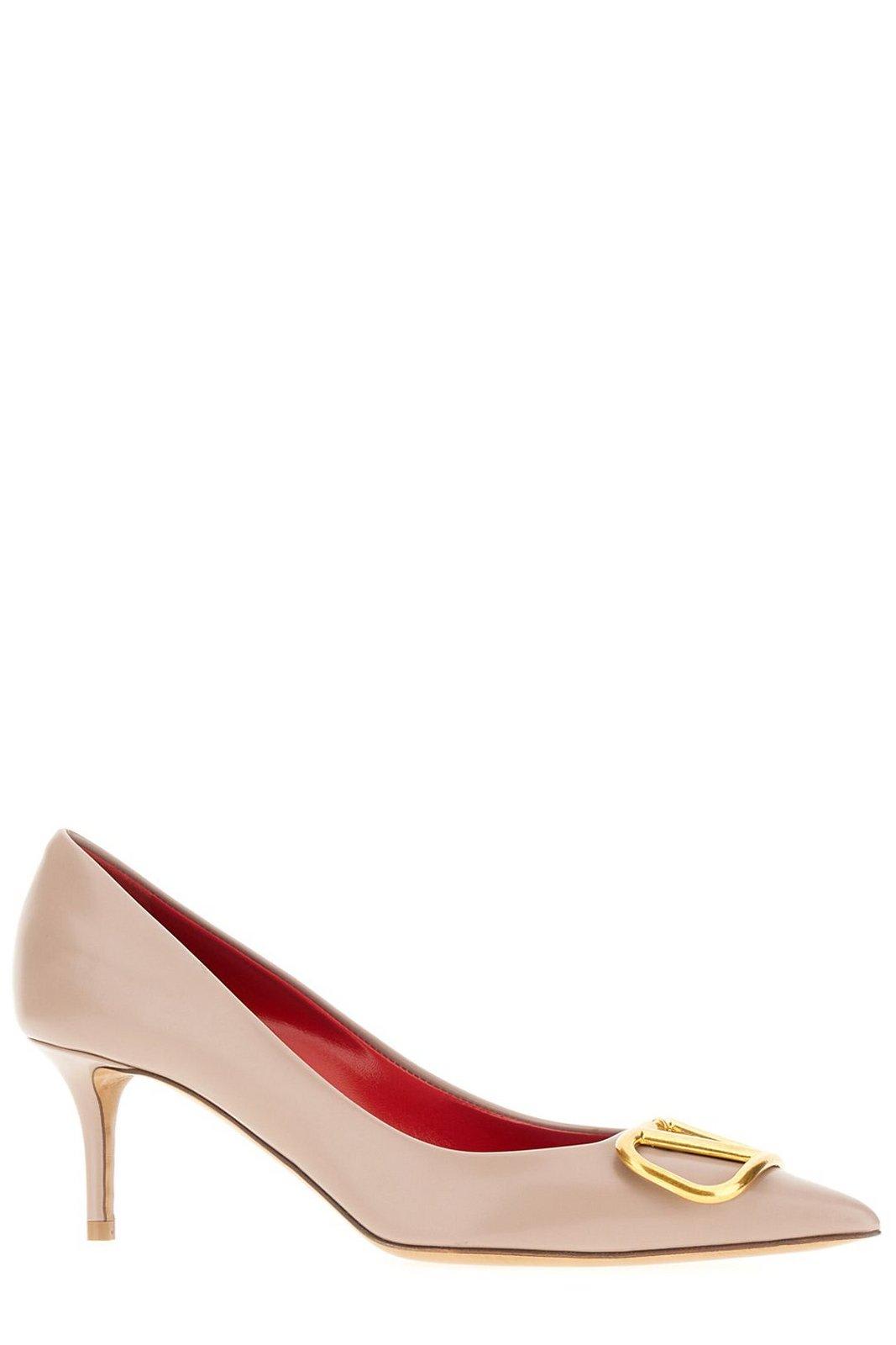 Shop Valentino Vlogo Plaque Pointed Toe Pumps In Poudre