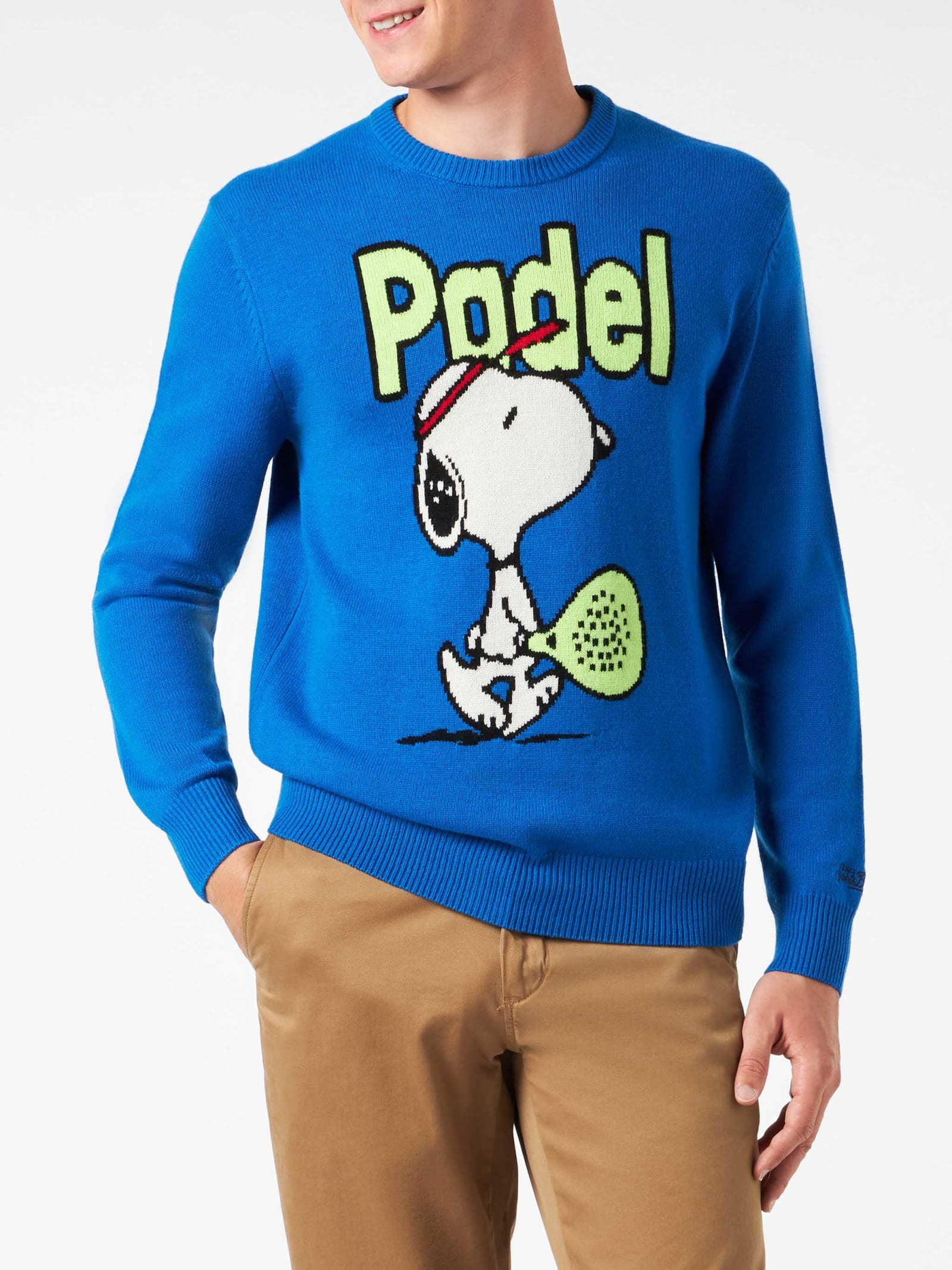 Mc2 Saint Barth Man Crewneck Sweater With Snoopy Padel Jacquard Snoopy - ©peanuts Special Edition In Blue