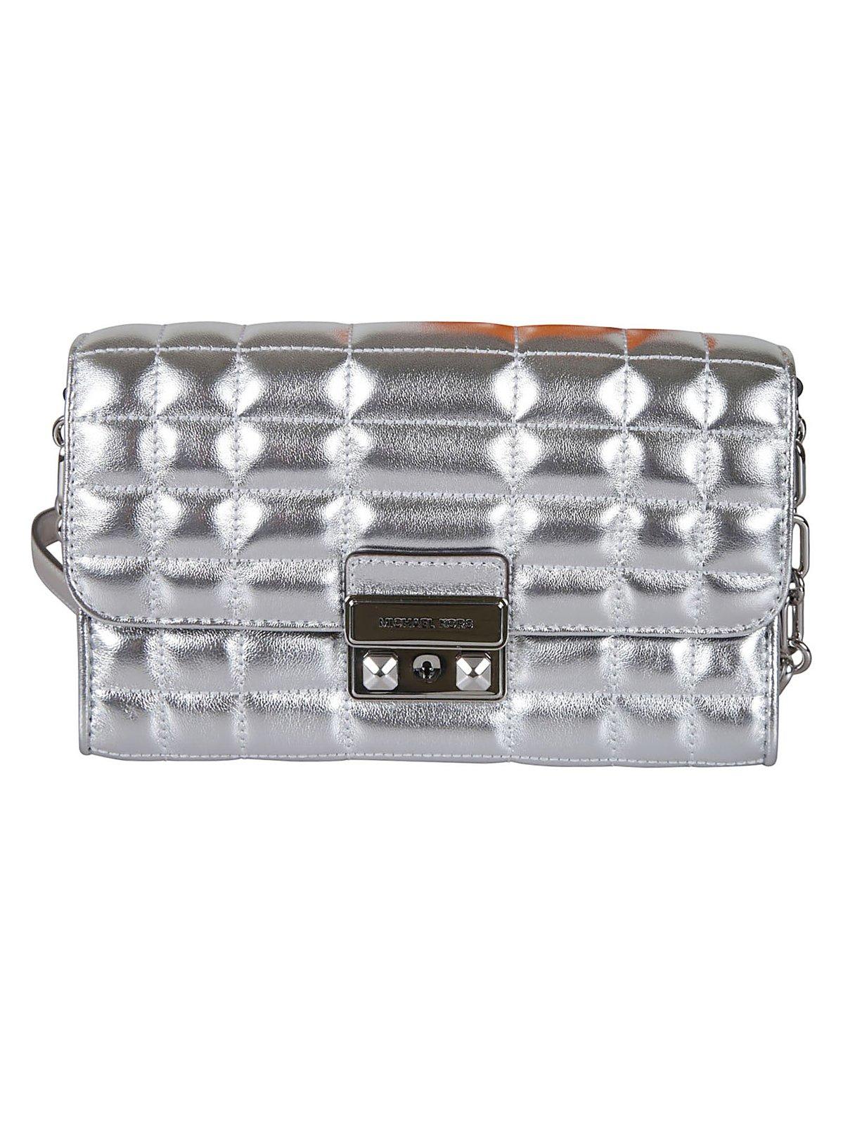 Shop Michael Kors Tribeca Large Metallic Crossbody Bag In Silver