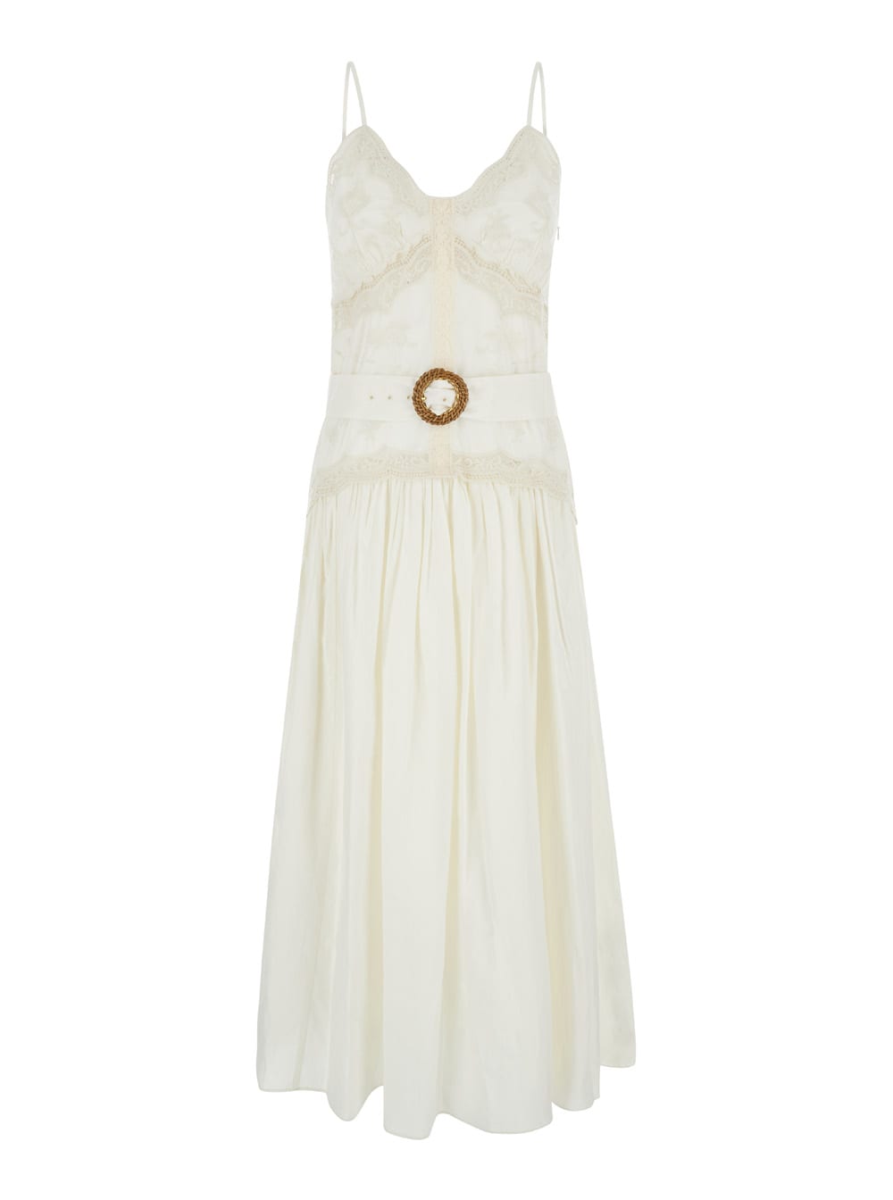 Shop Twinset Long Cream White Dress With Embroideries And Matching Belt In Cotton Woman