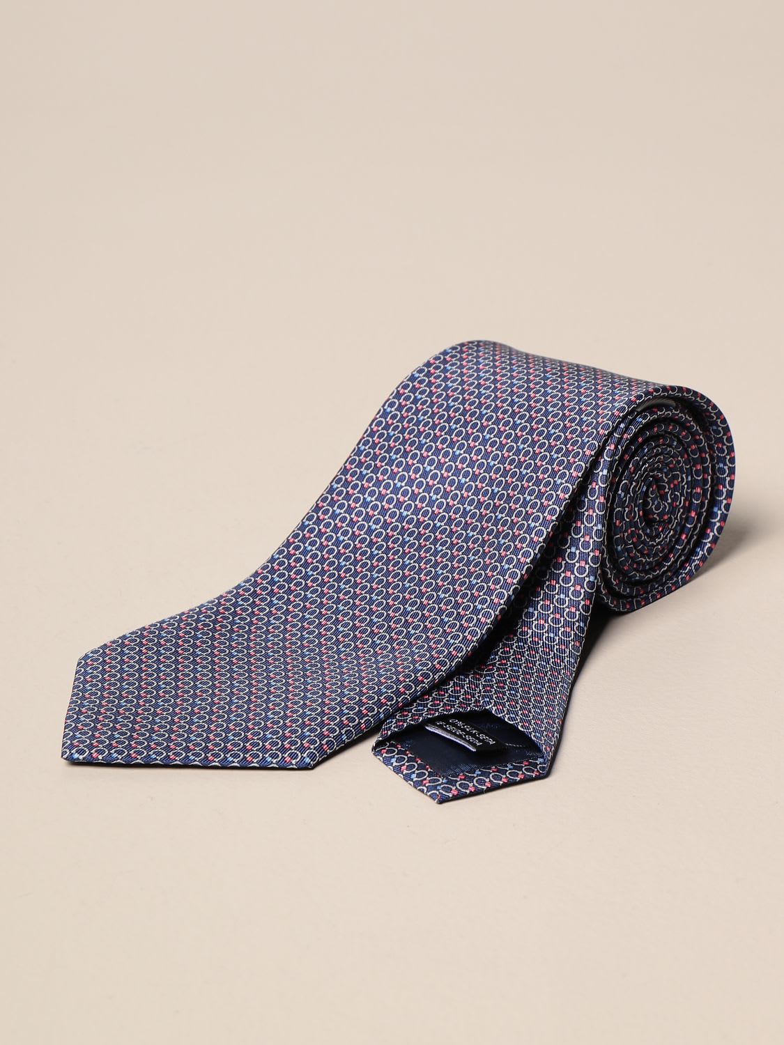 Ferragamo Silk Tie With Gancini Pattern In Blue