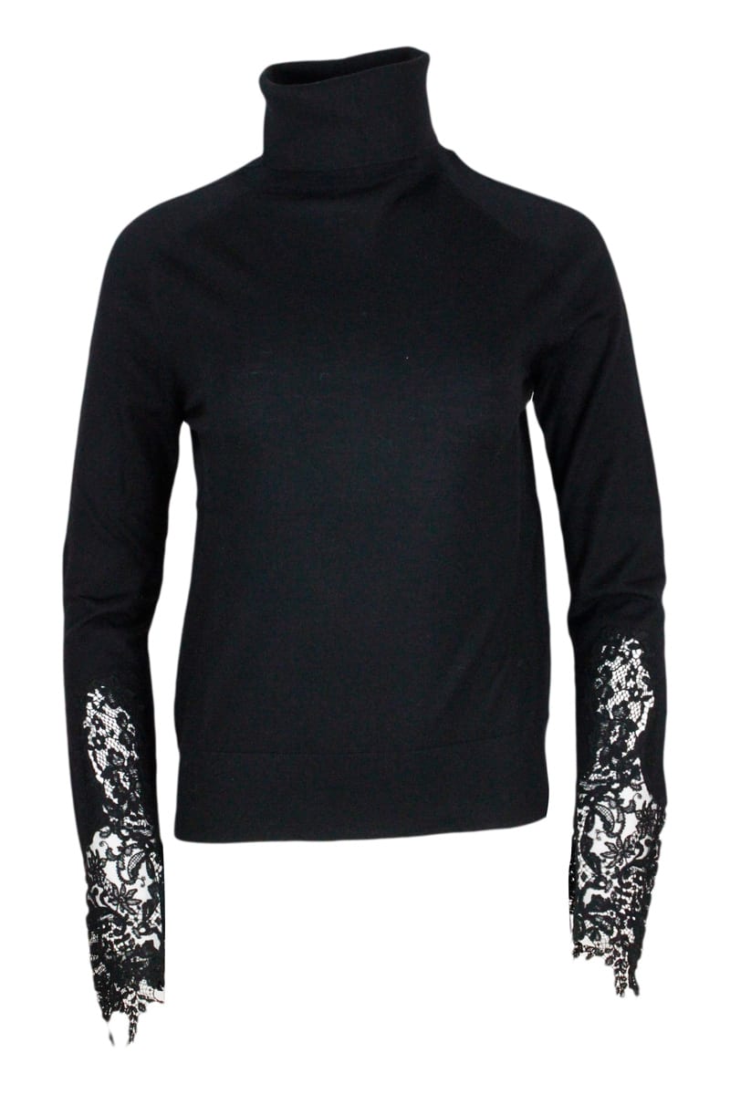 Ermanno Scervino Lightweight Sweater In 100% Virgin Wool With High Collar And Lace On The Sleeves