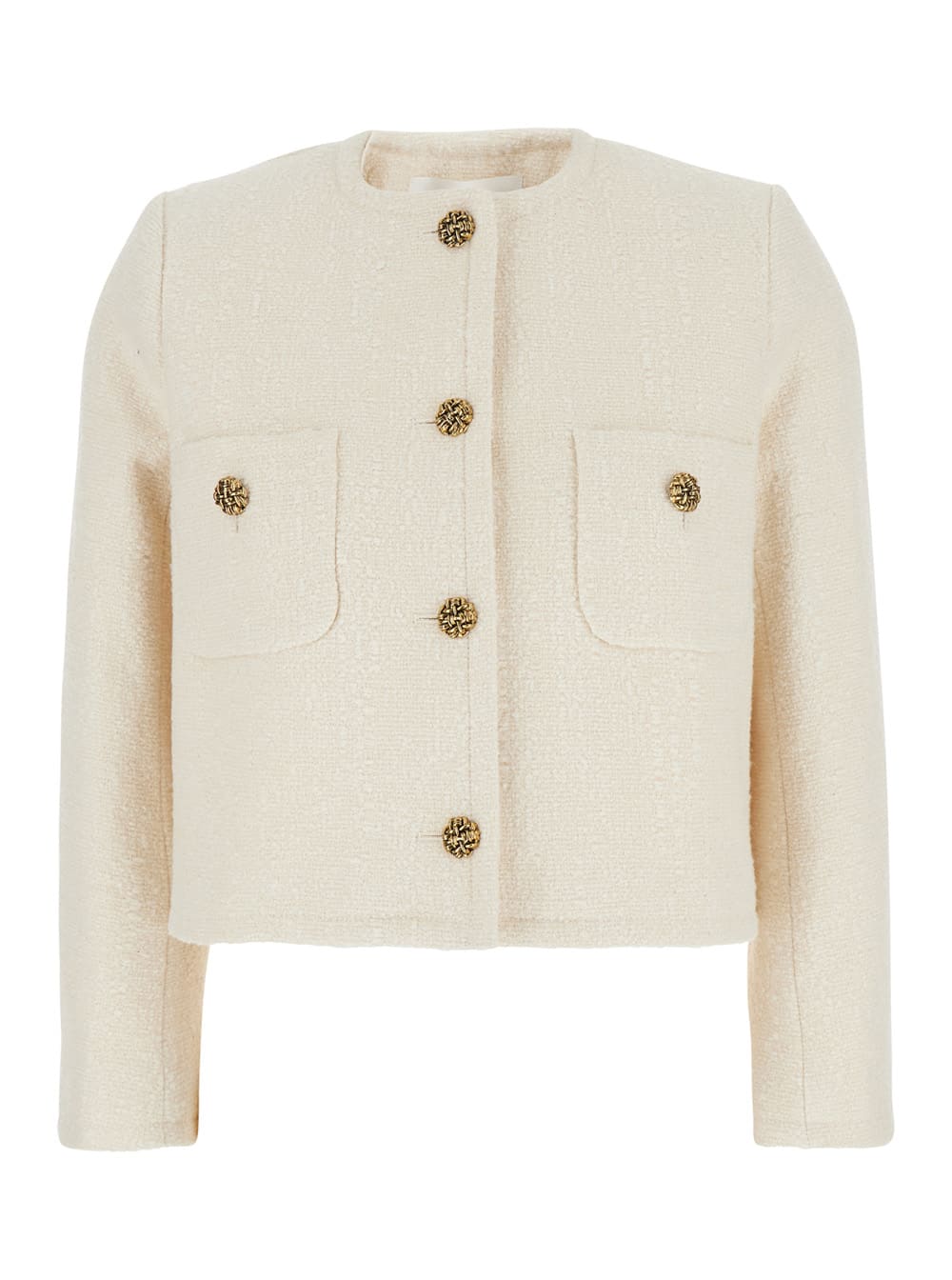 meredith White Crop Jacket With Round Neck And Metal Buttons In Cotton And Wool Blend Woman