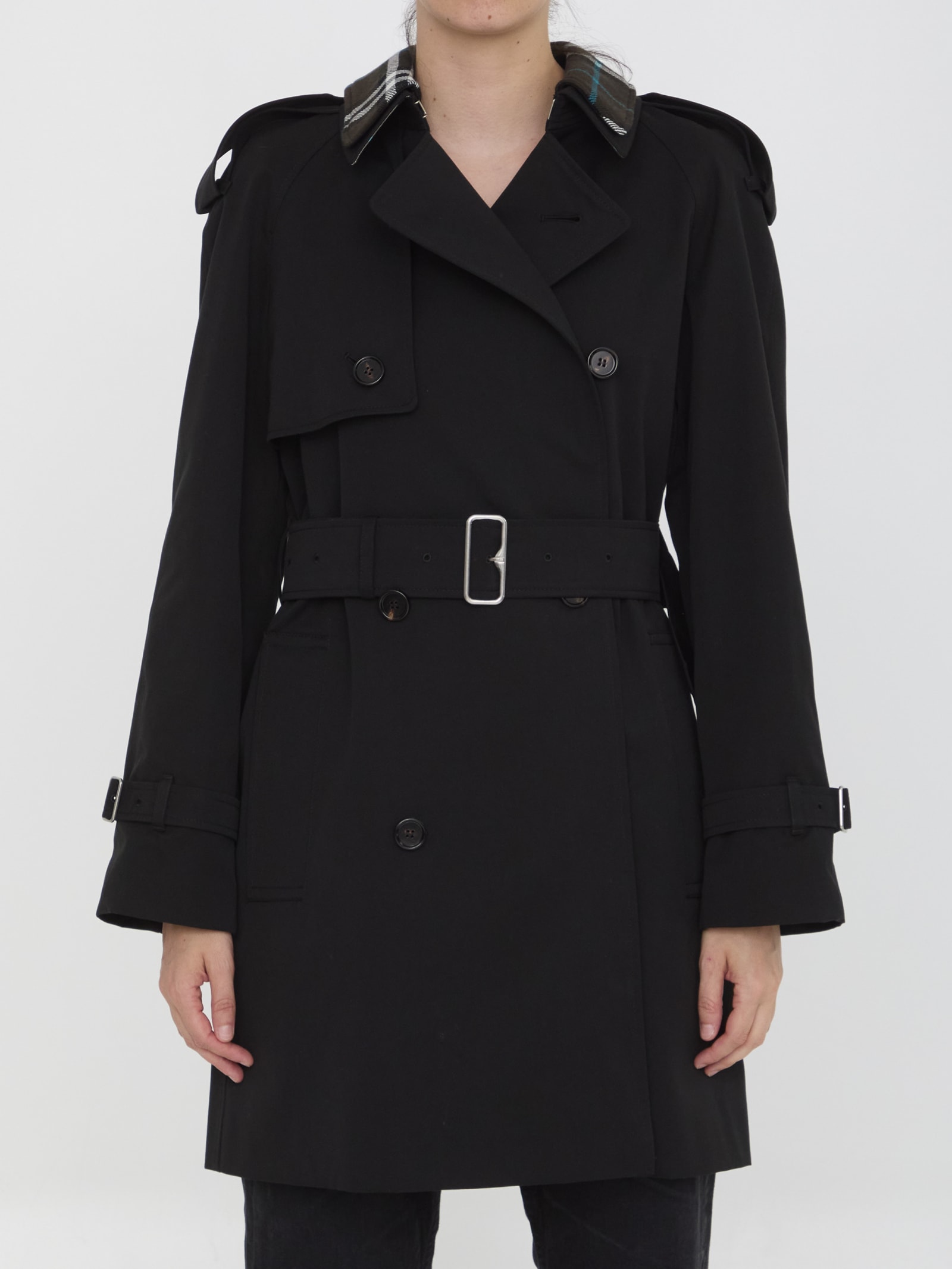 Shop Burberry Raincoat With Check Collar In Black