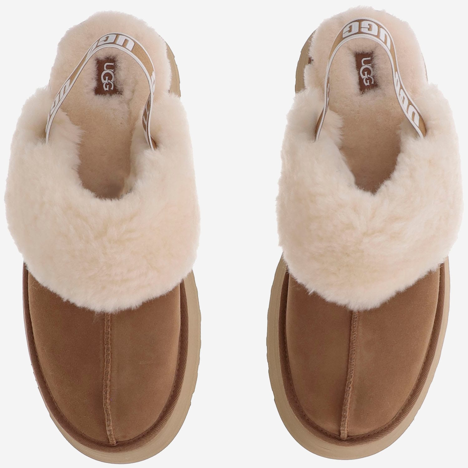 Ugg Platform Mules Made Of Camel-colored Leather With Faux Fur And Elastic Back In Brown
