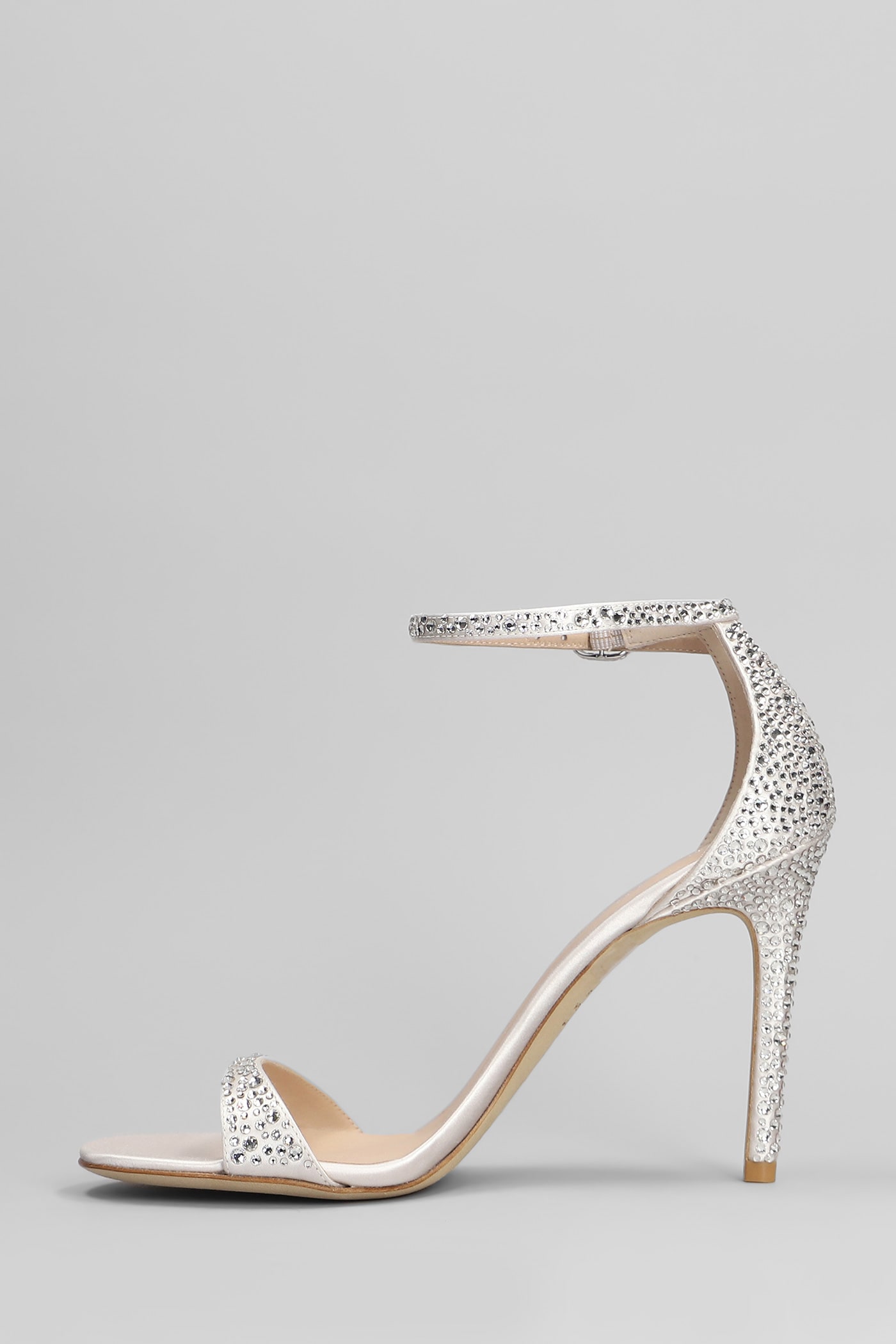 Stuart Weitzman Nudist Shine Sandals In Silver Satin In Silver