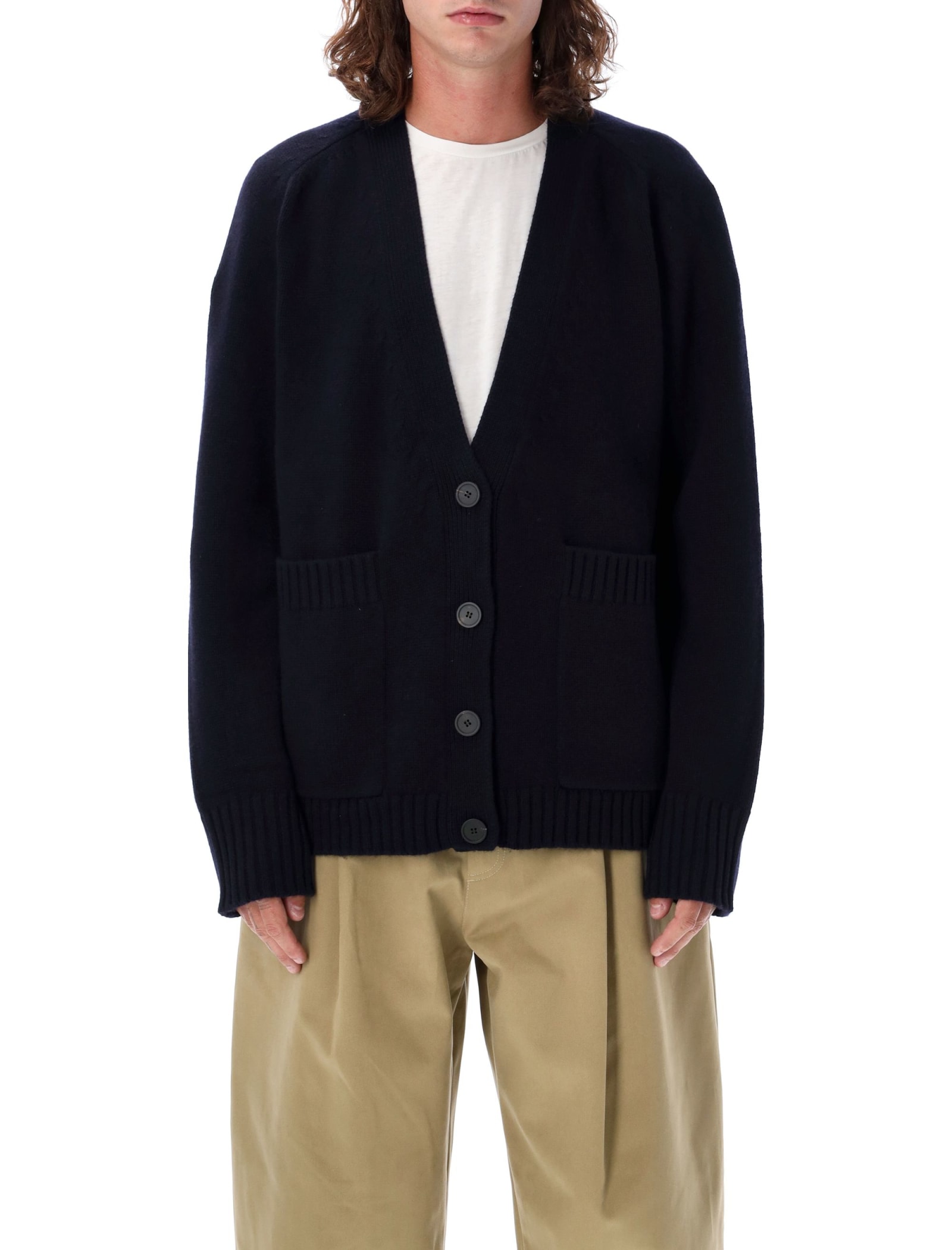 Shop Studio Nicholson English Lambswool Cardigan In Navy