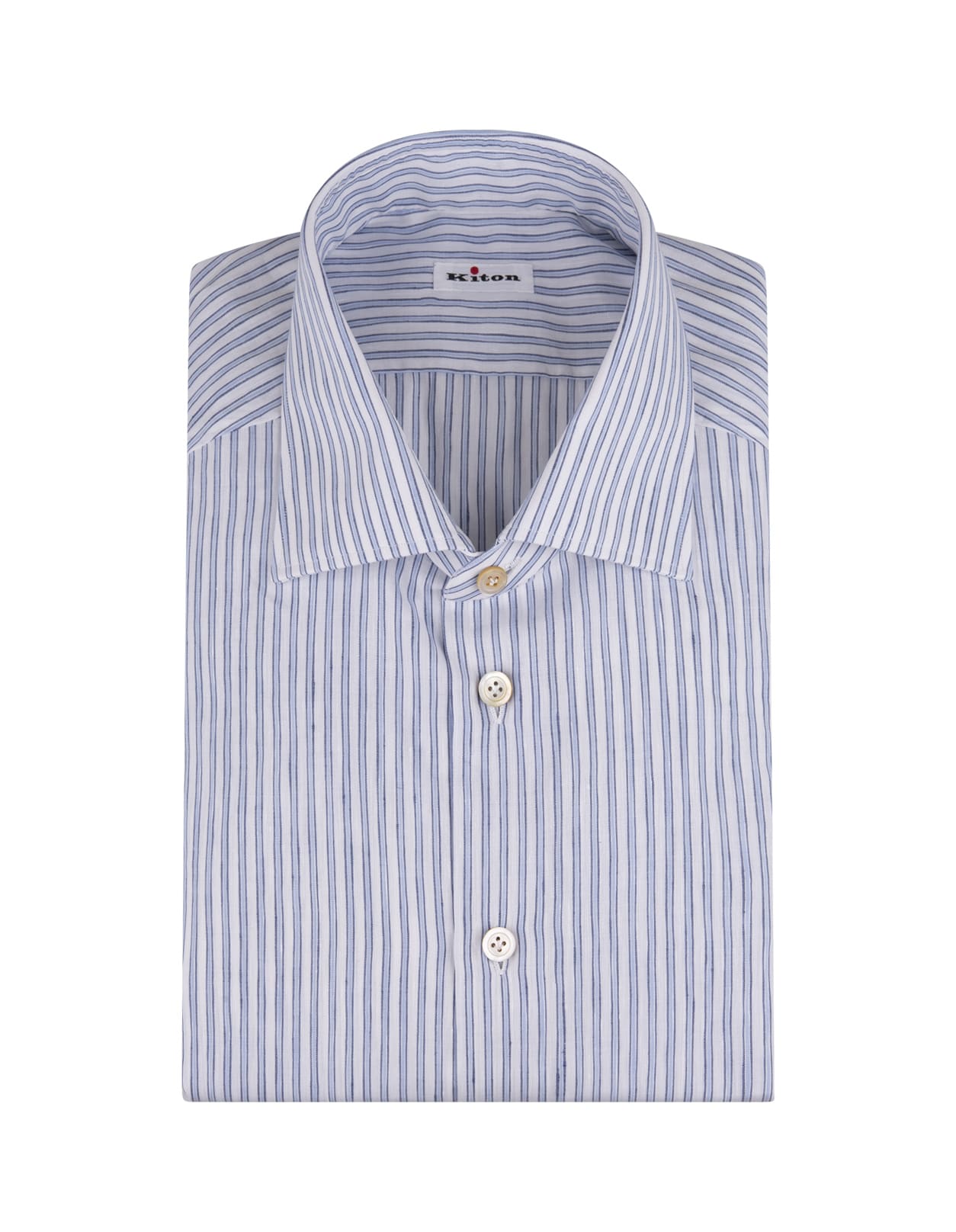 KITON WHITE AND LIGHT BLUE STRIPED COTTON AND LINEN SHIRT