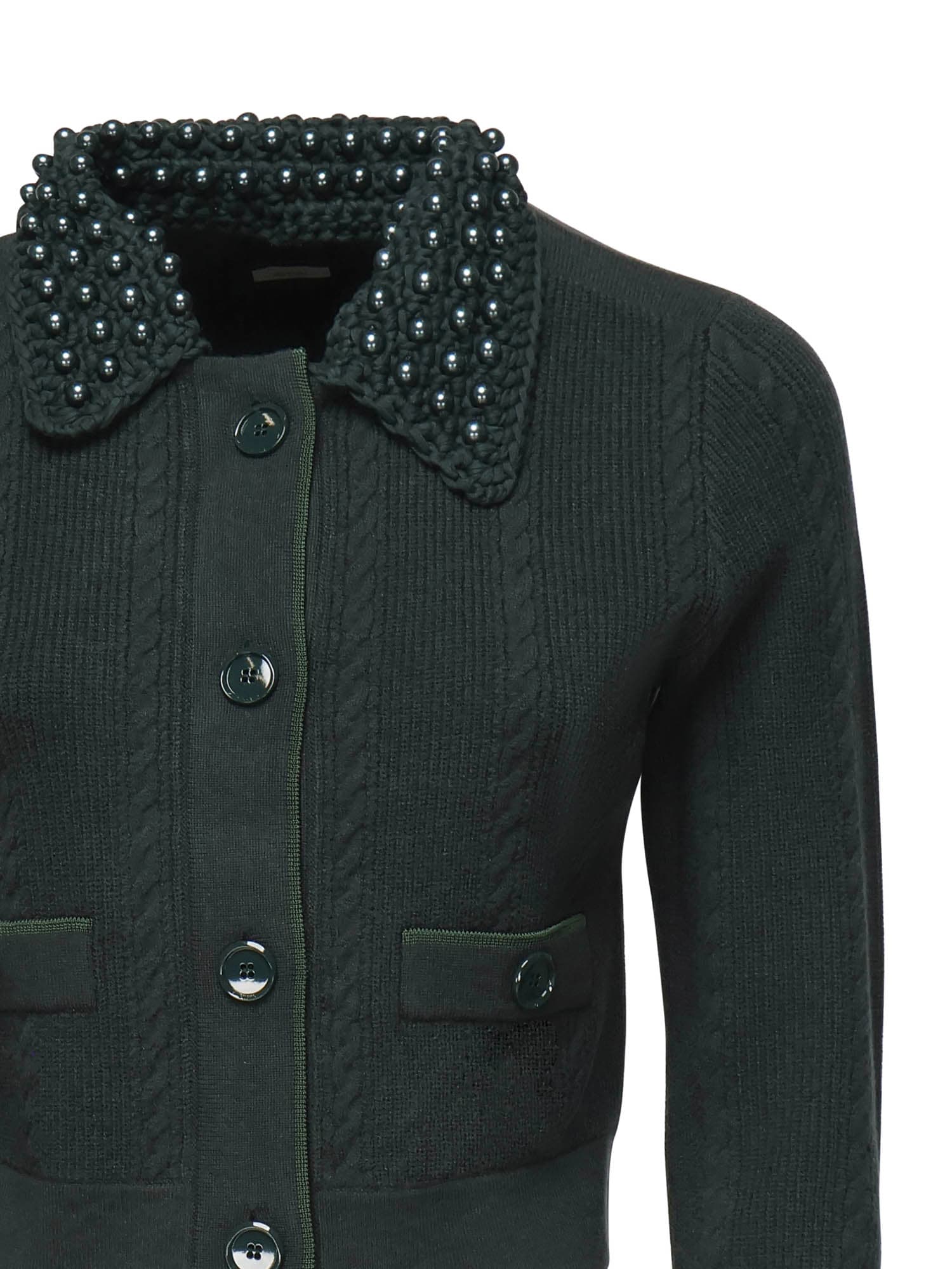 Pinko Cable-knit Pearl-embellished Cardigan In Green