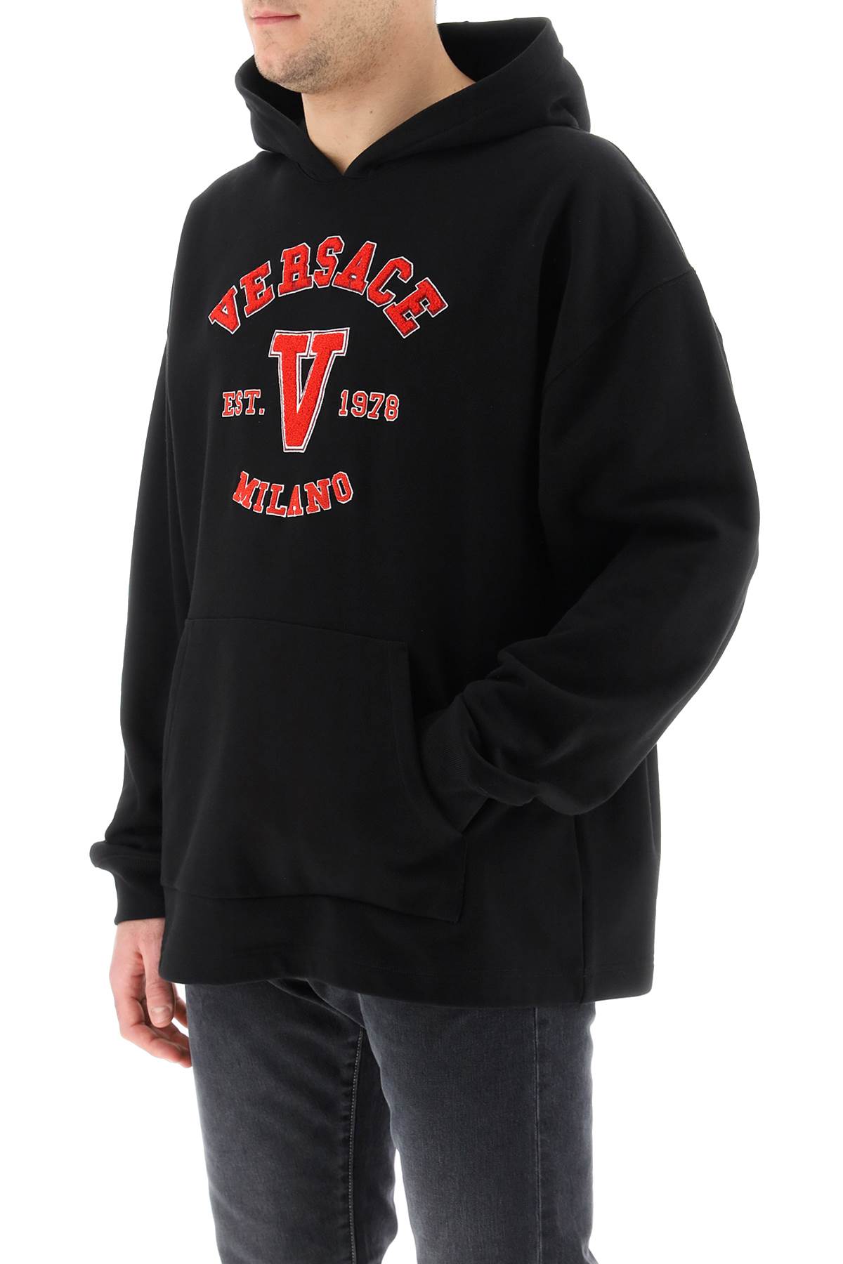 Versace Hooded Cotton Logo Sweatshirt In Black | ModeSens