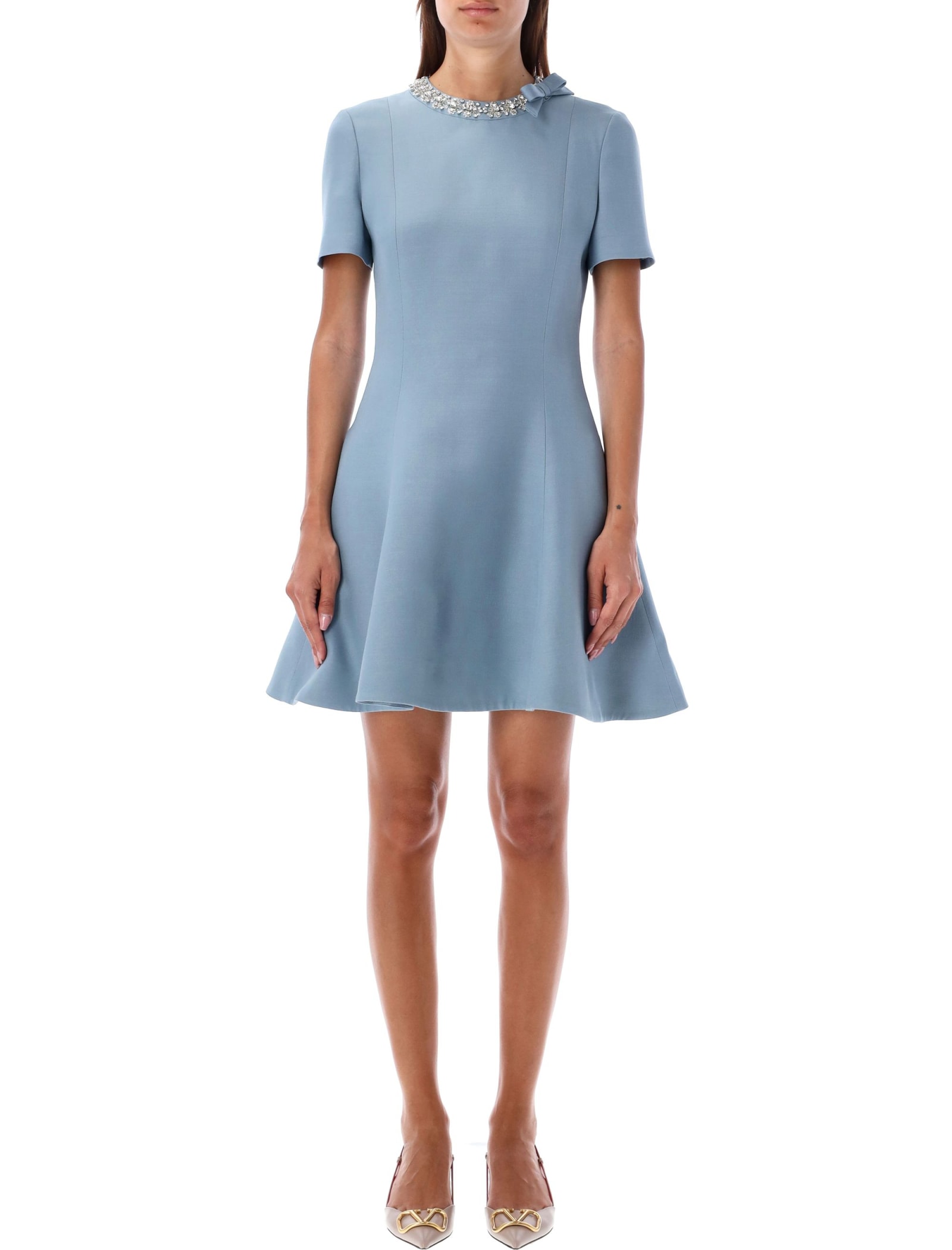 Shop Valentino Dress Embroidery Neck In Light Blue