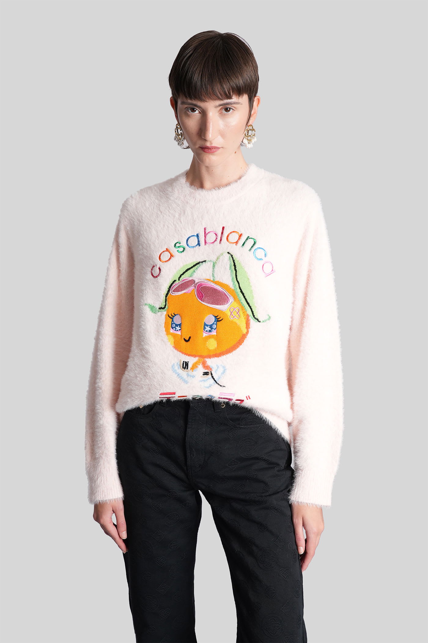 Casablanca Character Intarsia Crew Pullover Merino Kawaii Orange In Pink