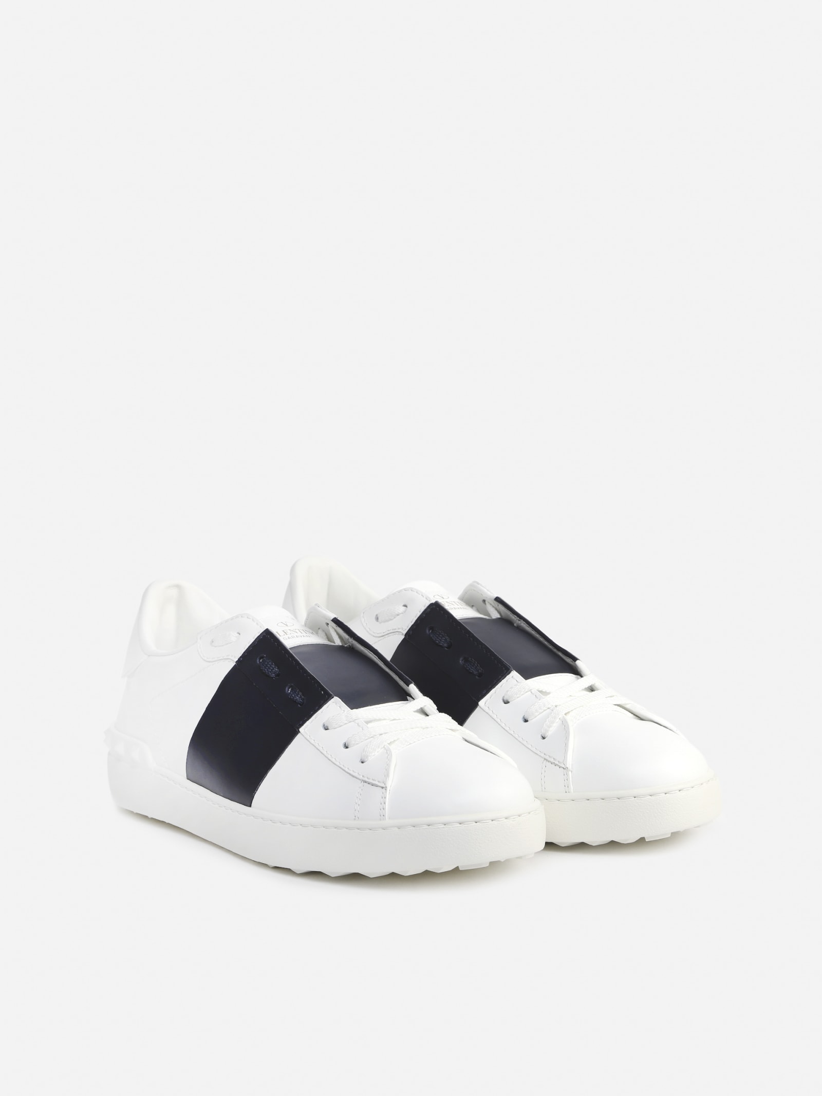 Shop Valentino Open Sneakers In Leather With Contrasting Band In White/marine
