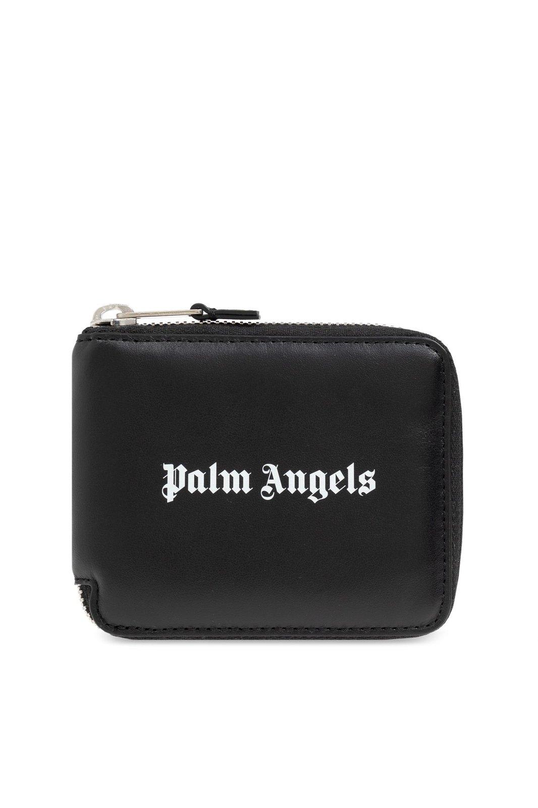 Shop Palm Angels Logo Printed Zipped Wallet In Black/white