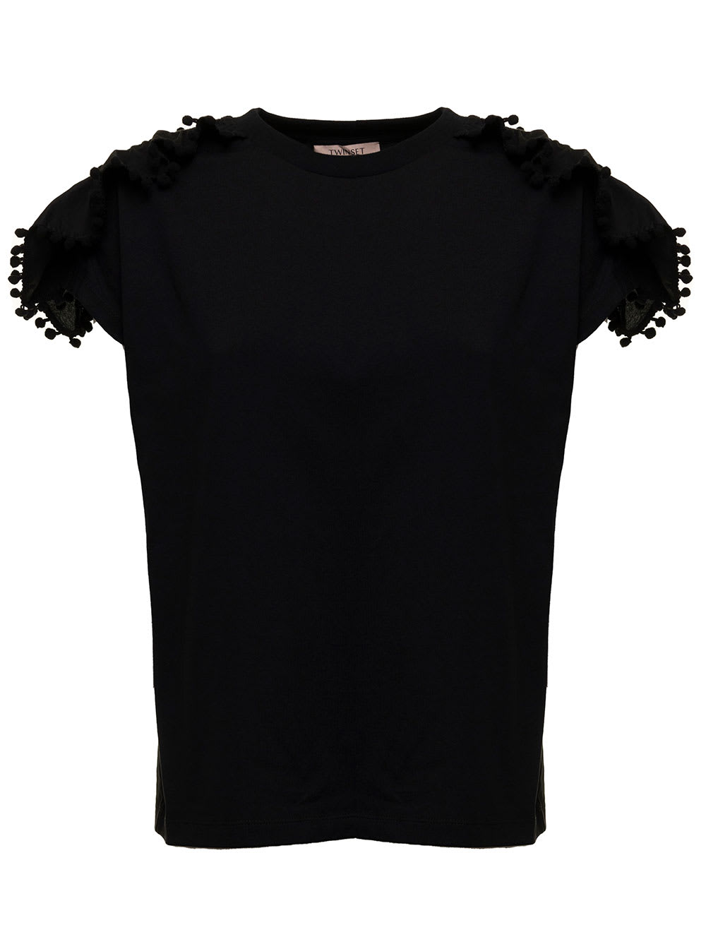 TwinSet Twin Set Womans Black Cotton T-shirt With Cap Sleeves And Tassels