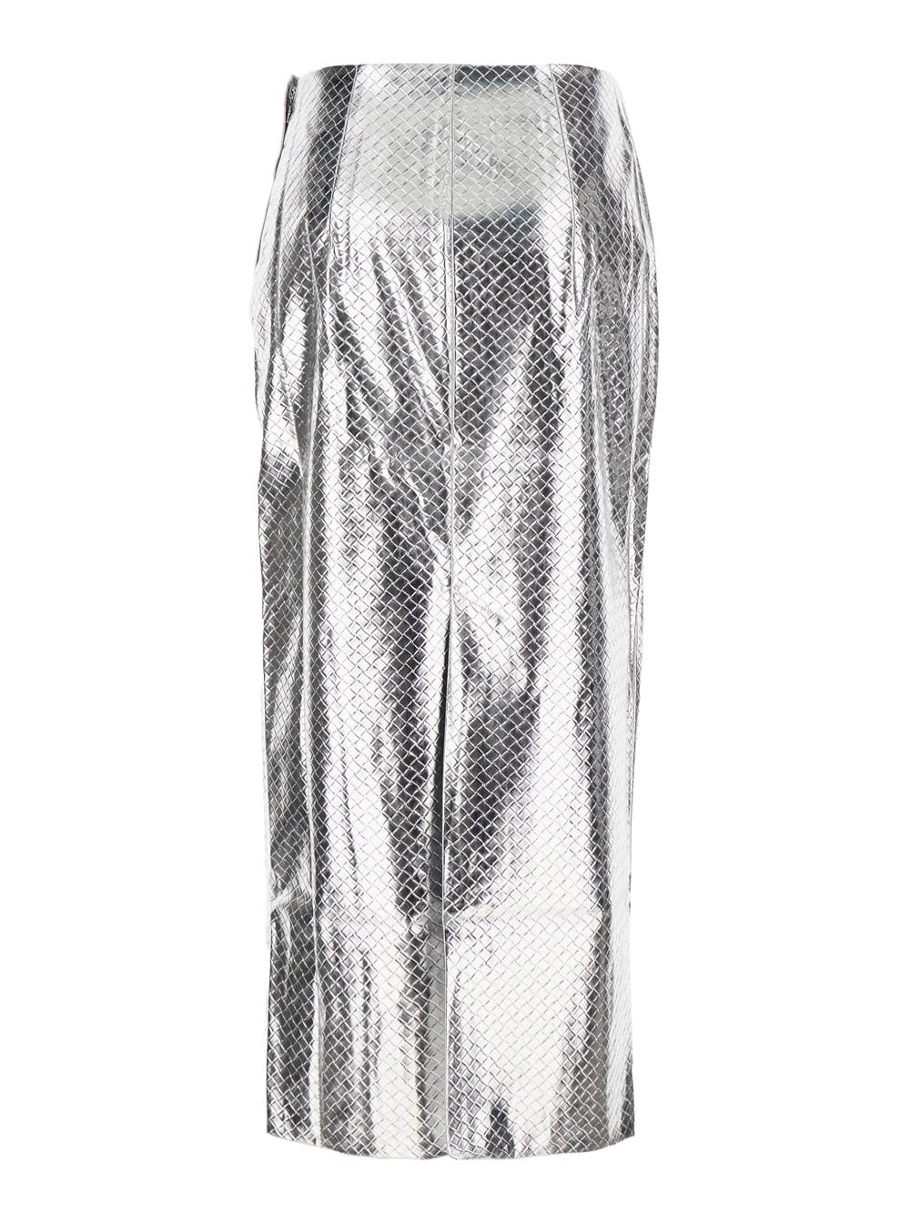 Rotate Birger Christensen Metallic Midi Pencil Skirt With Rear Single Slit And Embossed Design In Metallic
