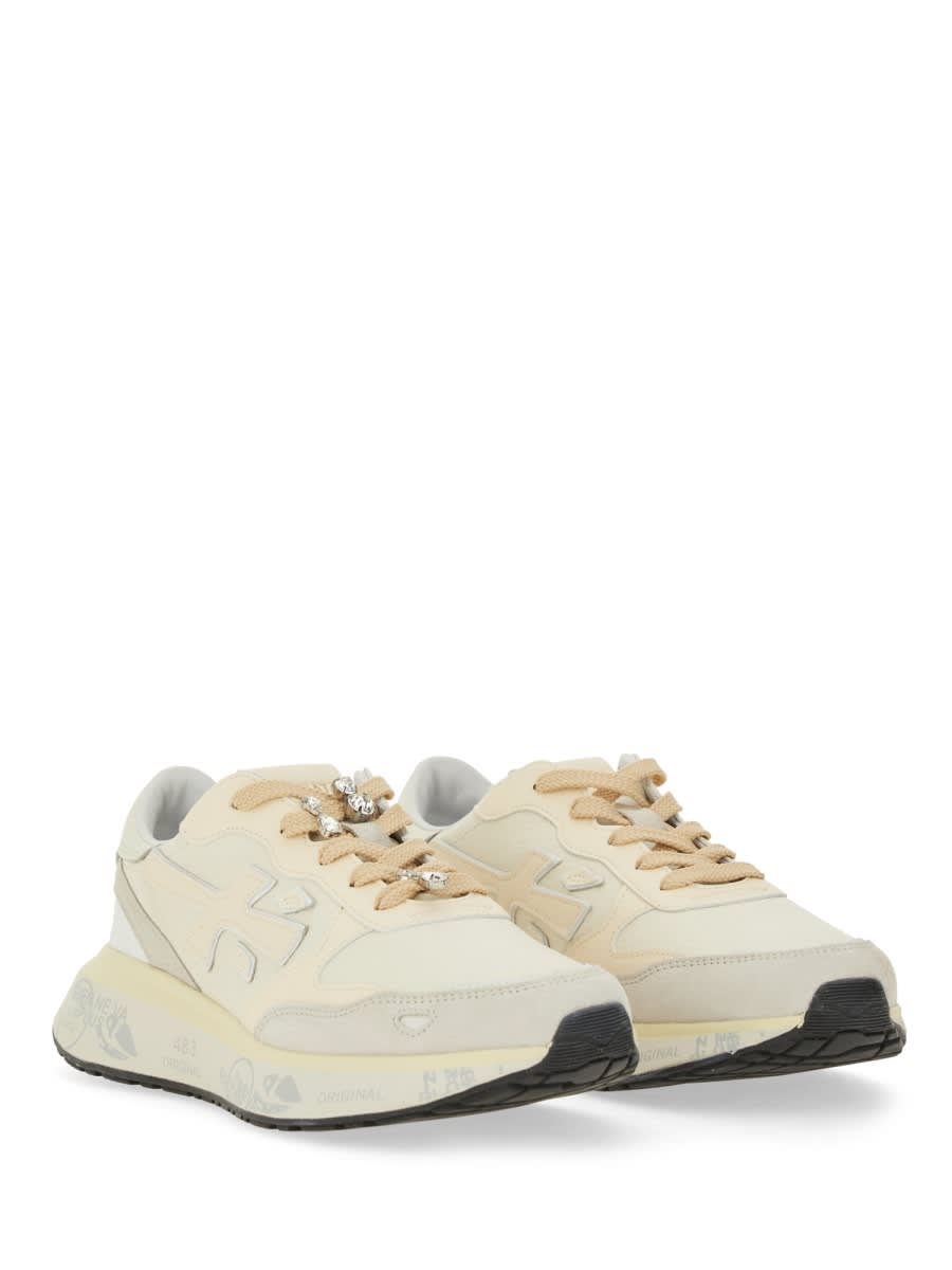 Premiata Light Beige Calf Leather Low-top Sneakers With Metallic Accents In Multi