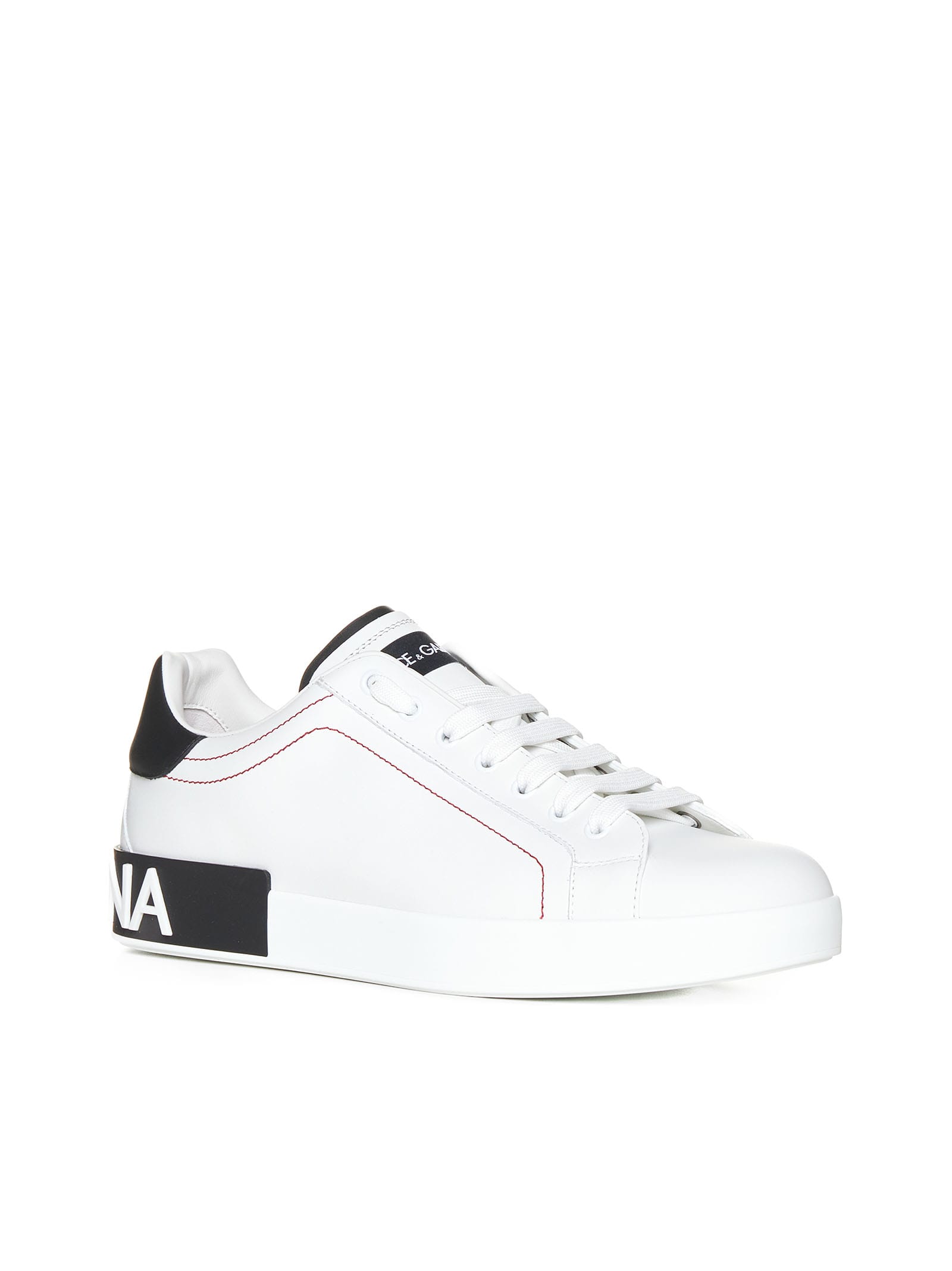 Dolce & Gabbana Portofino Leather Sneakers With Rubberized Logo Shoes In White/black
