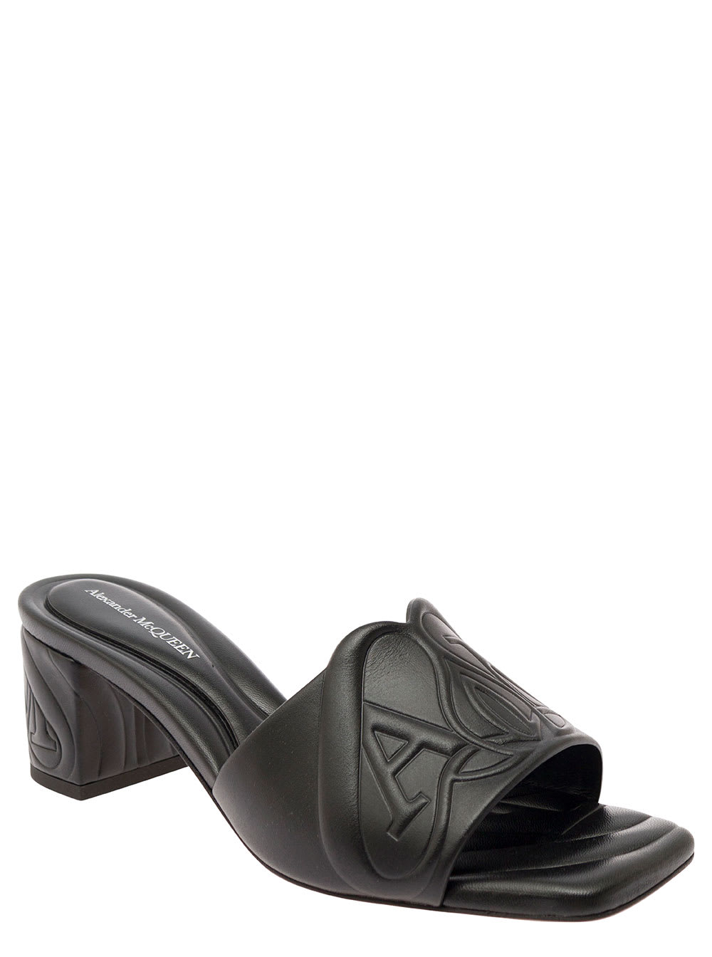 Shop Alexander Mcqueen Black Slip-on Sandals With Embossed Logo In Padded Leather Woman