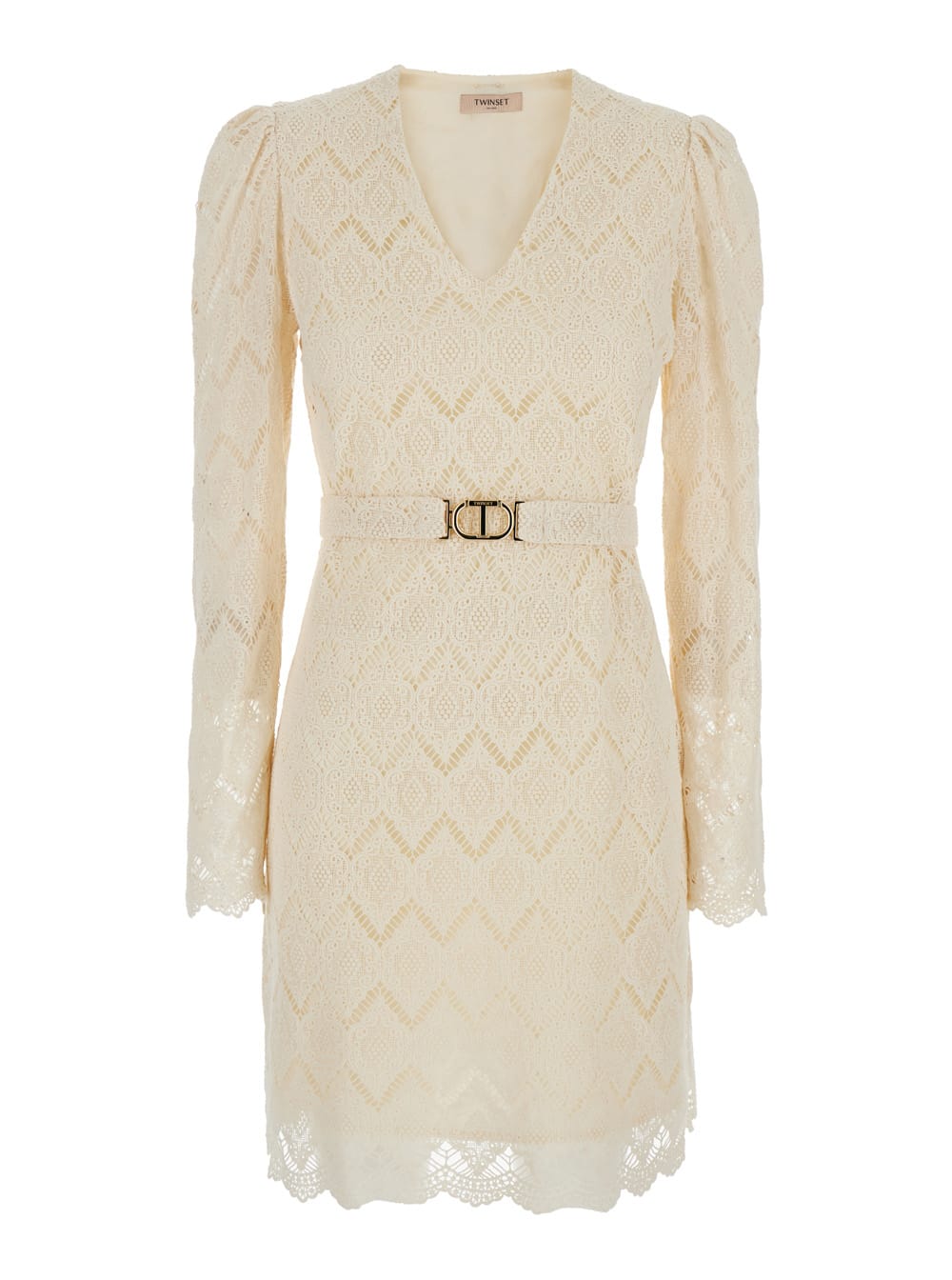 Beige Dress With Metallic Logo Plaque And Waist Belt In Macramé Cotton Woman