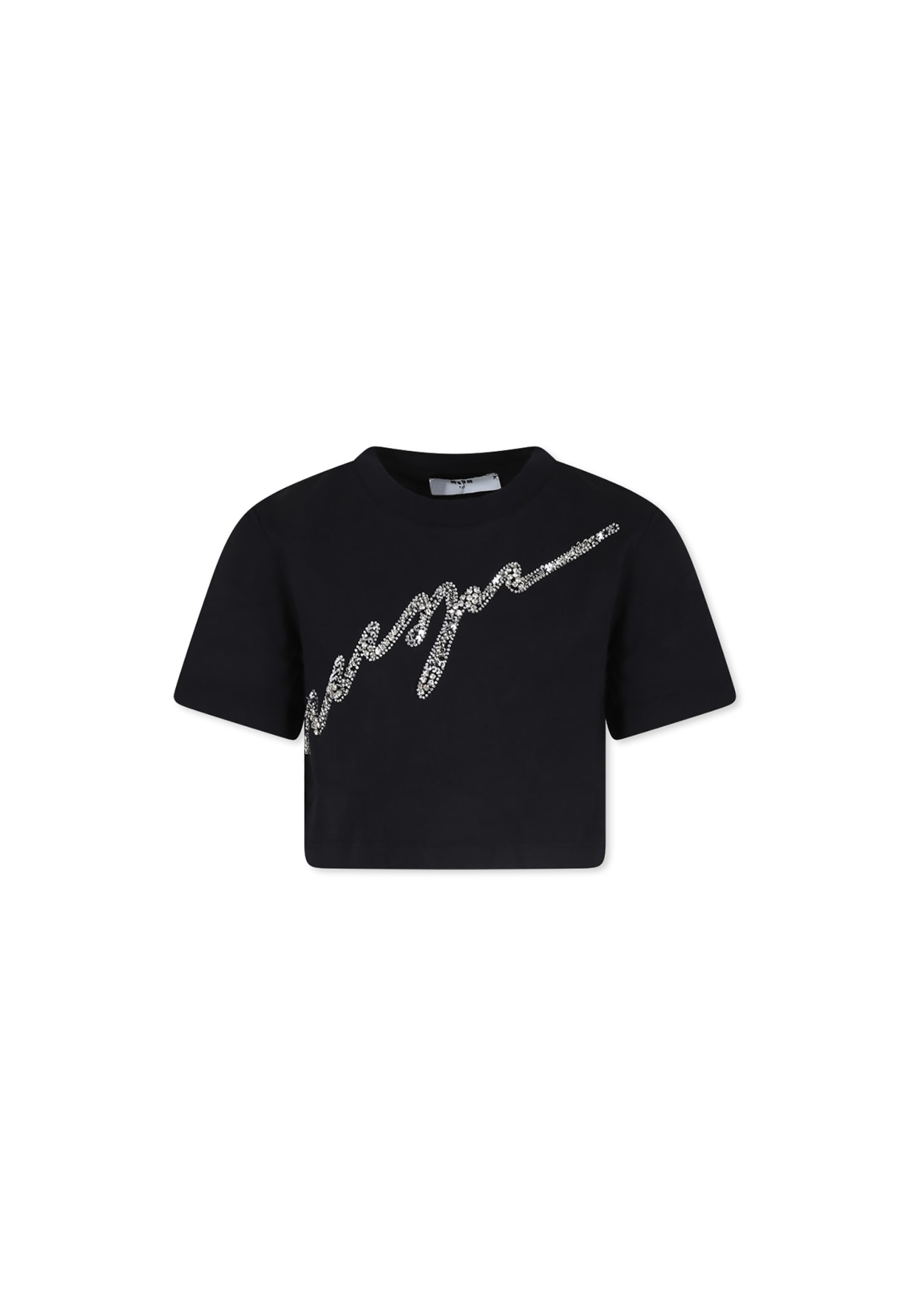 MSGM BLACK CROP T-SHIRT FOR GIRL WITH LOGO 