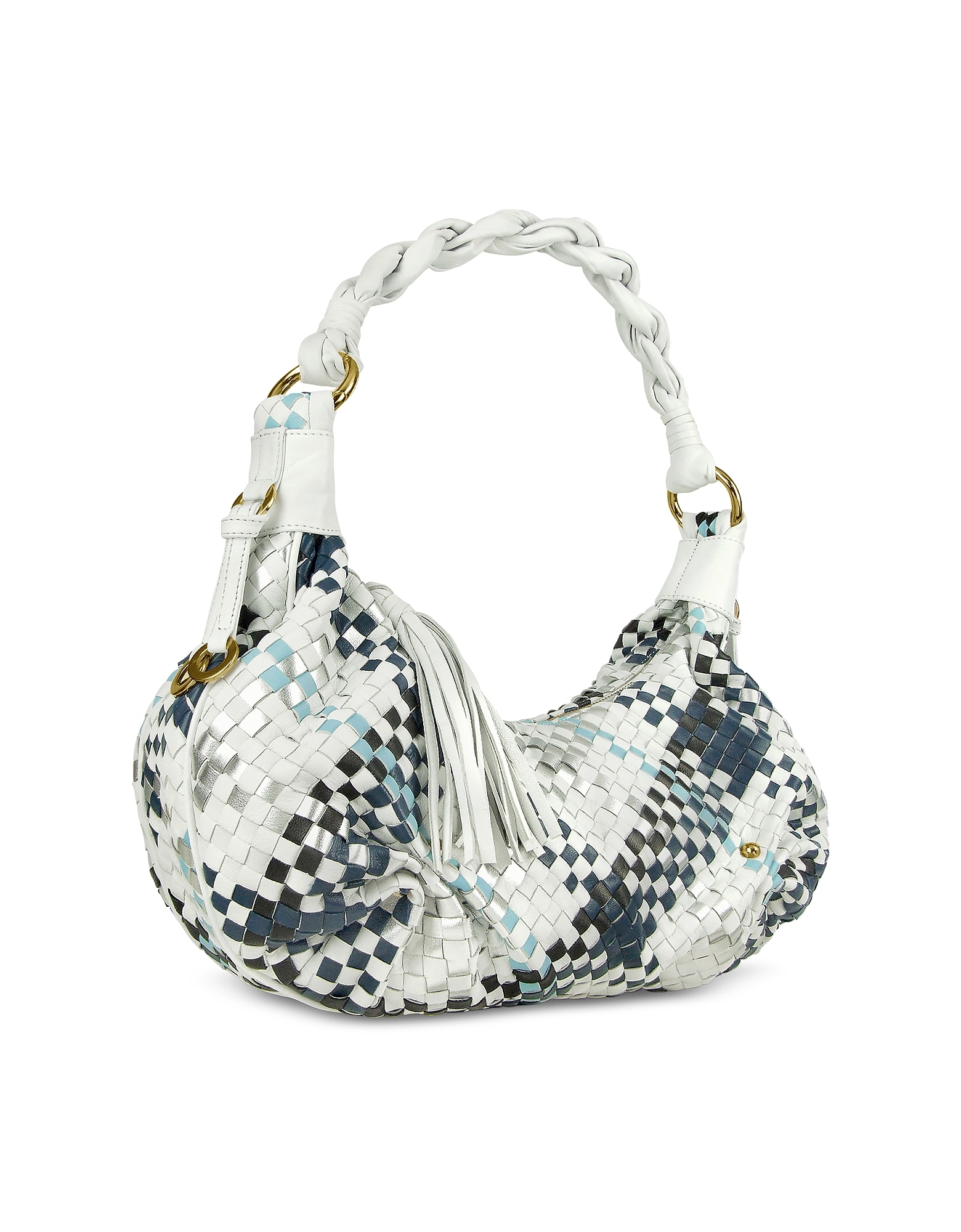 FONTANELLI BLUE & WHITE WOVEN LEATHER EAST/WEST HOBO BAG,11258997