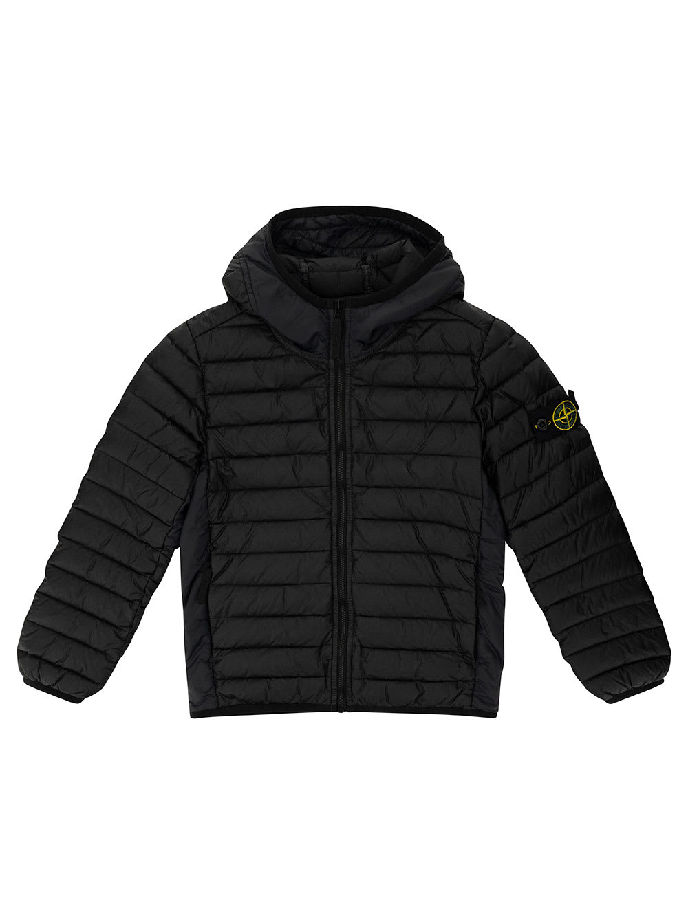 Shop Stone Island Black Down Jacket With Hood And Logo Patch In Polyamide Boy