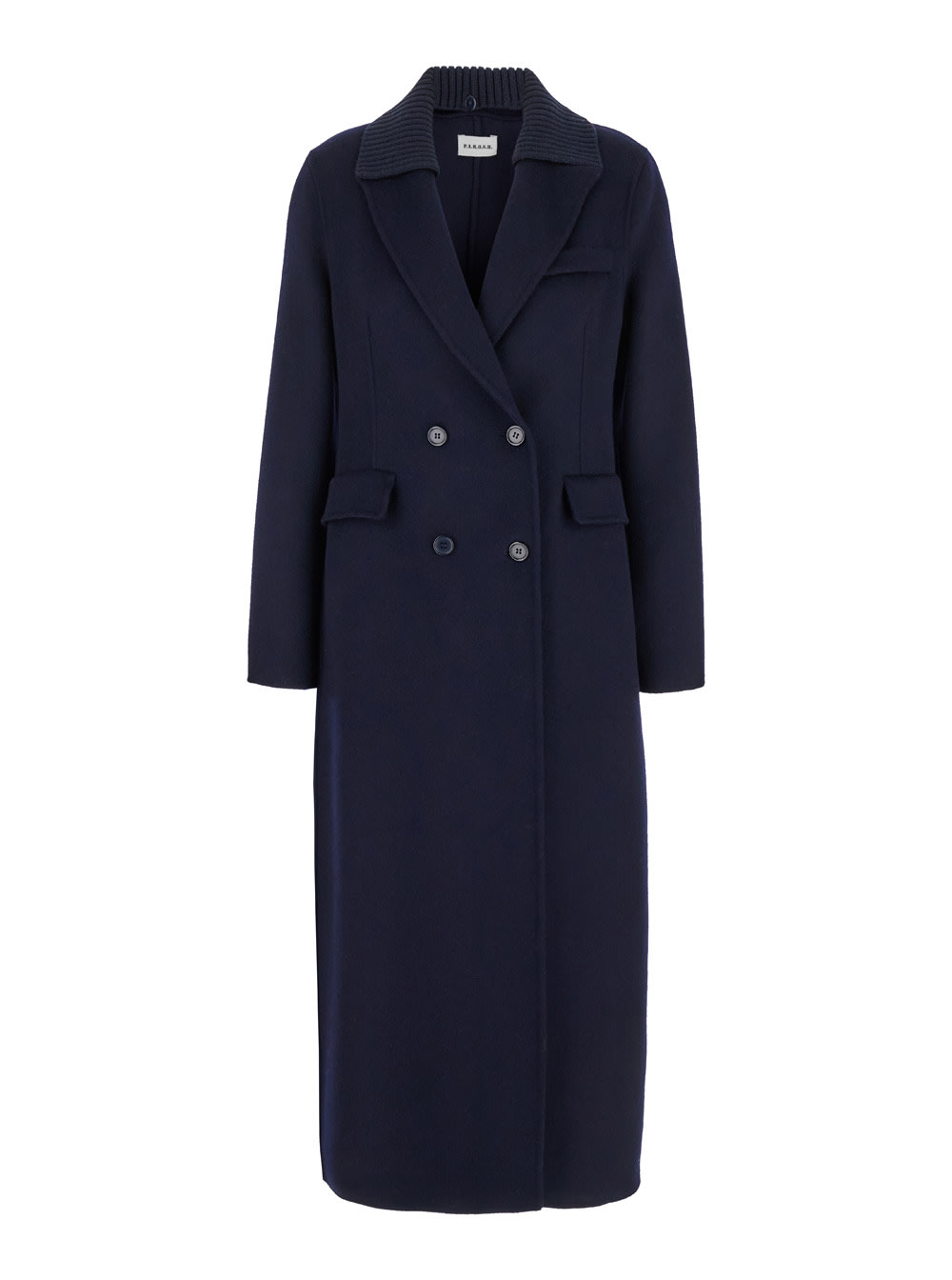 Parosh Long Blue Double-breasted Coat With Ribbed Revers In Wool Woman