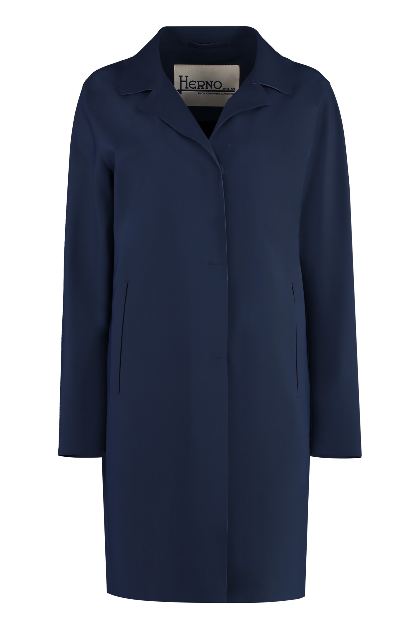Herno Blue Coat With Concealed Closure And Collar In Stretch Polyamide Woman In Blue