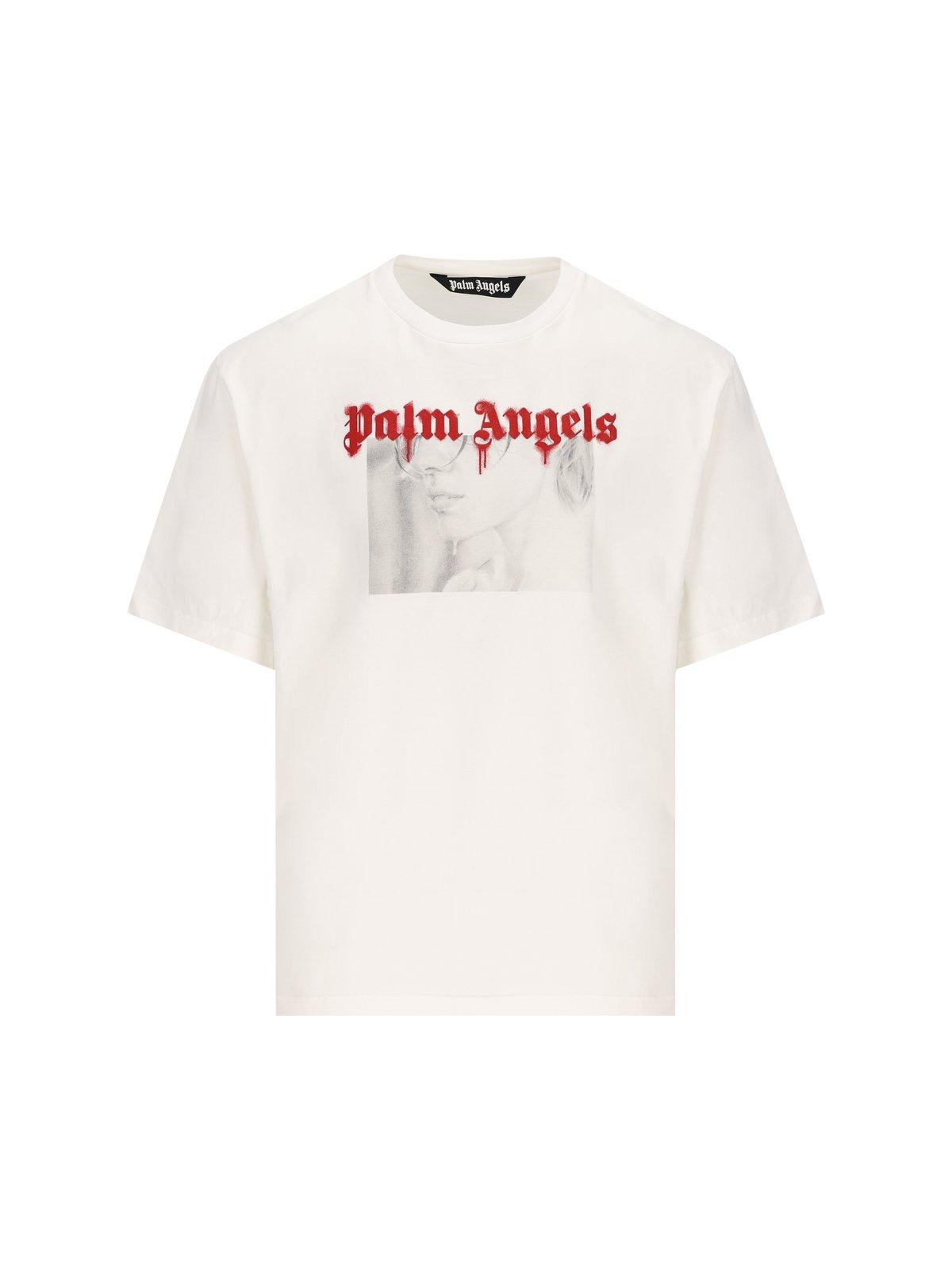 Shop Palm Angels Logo Printed Crewneck T-shirt In Off White Dark Red