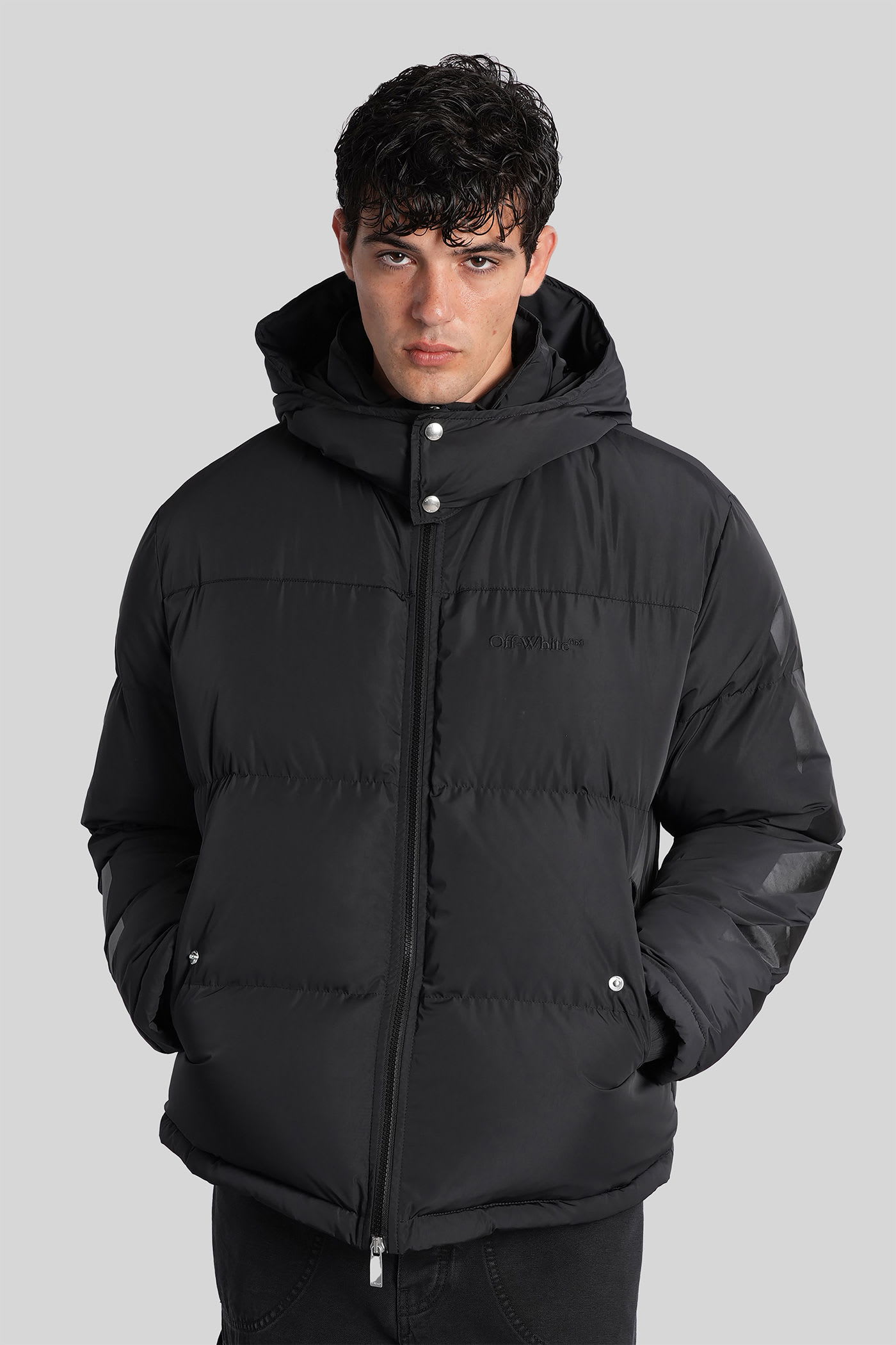 Off-white Hooded Padded Quilted Jacket Pockets In Black