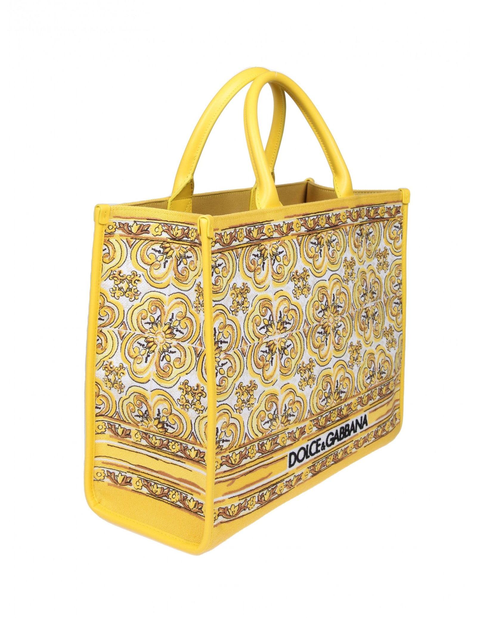 Shop Dolce & Gabbana Shopping Shop In Fabric With Embroidered Maiolica Print In Yellow