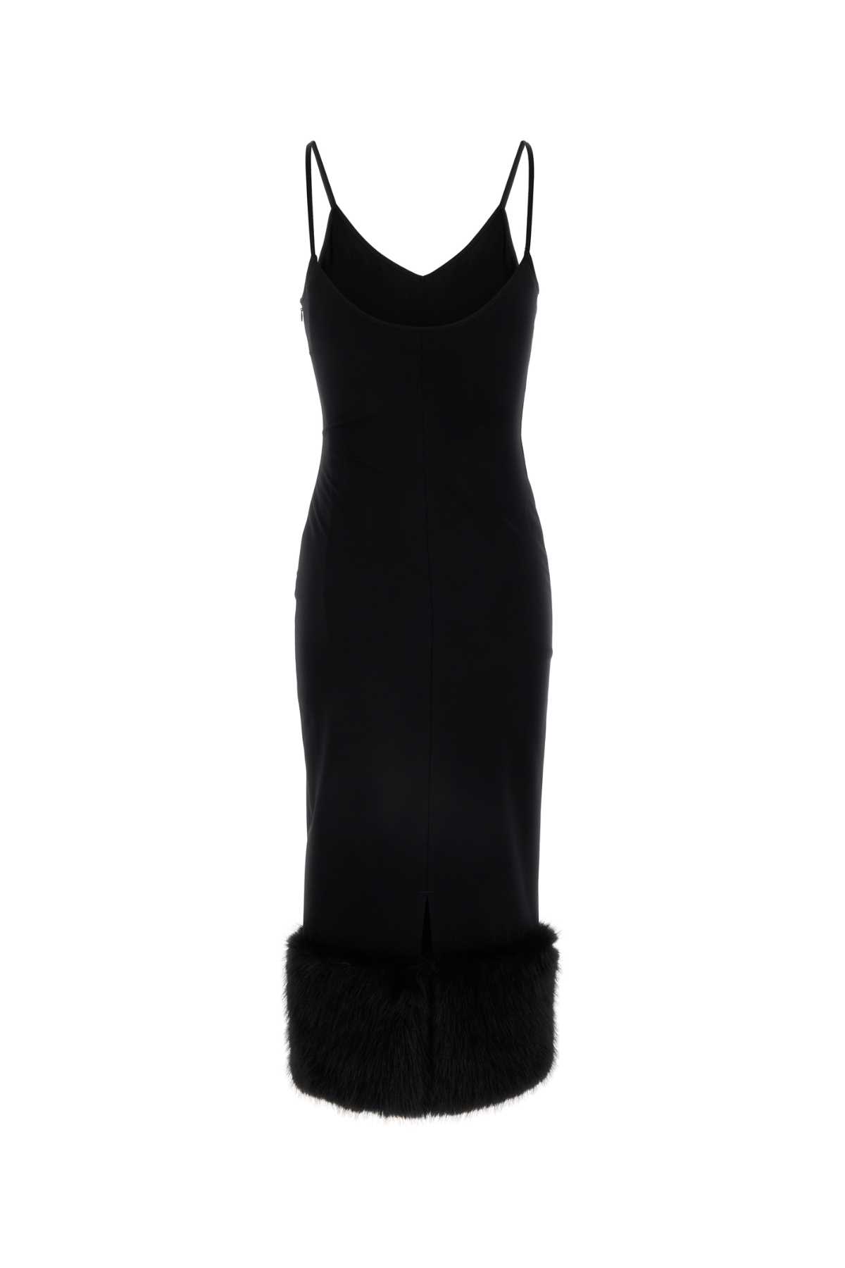 Prada Jersey Dress With Fur Trim And Slit In Nero